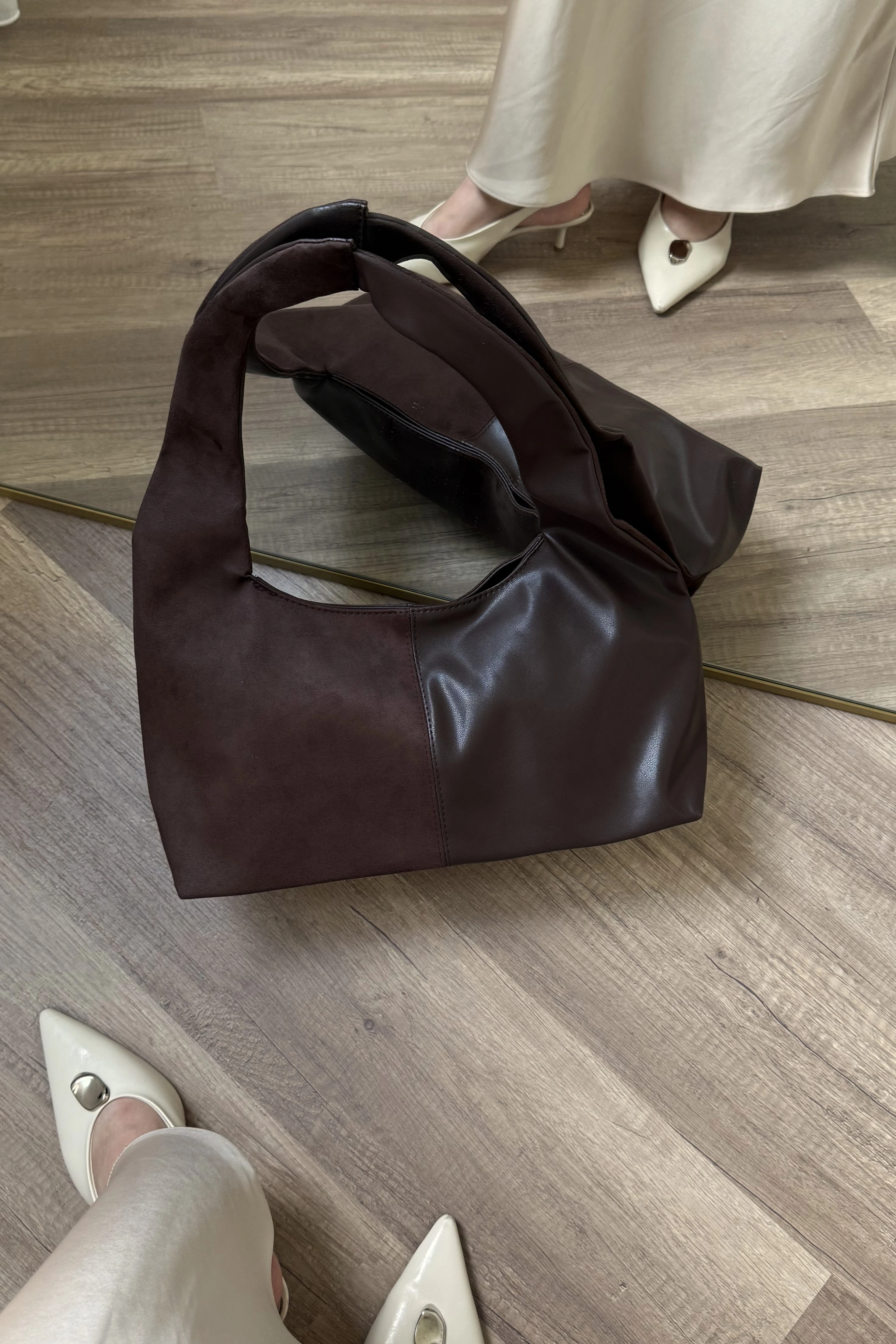 Süet ve Suni Deri Kadın Shopper Vintage Omuz Çantası Norton ST0043 - Acı Kahve