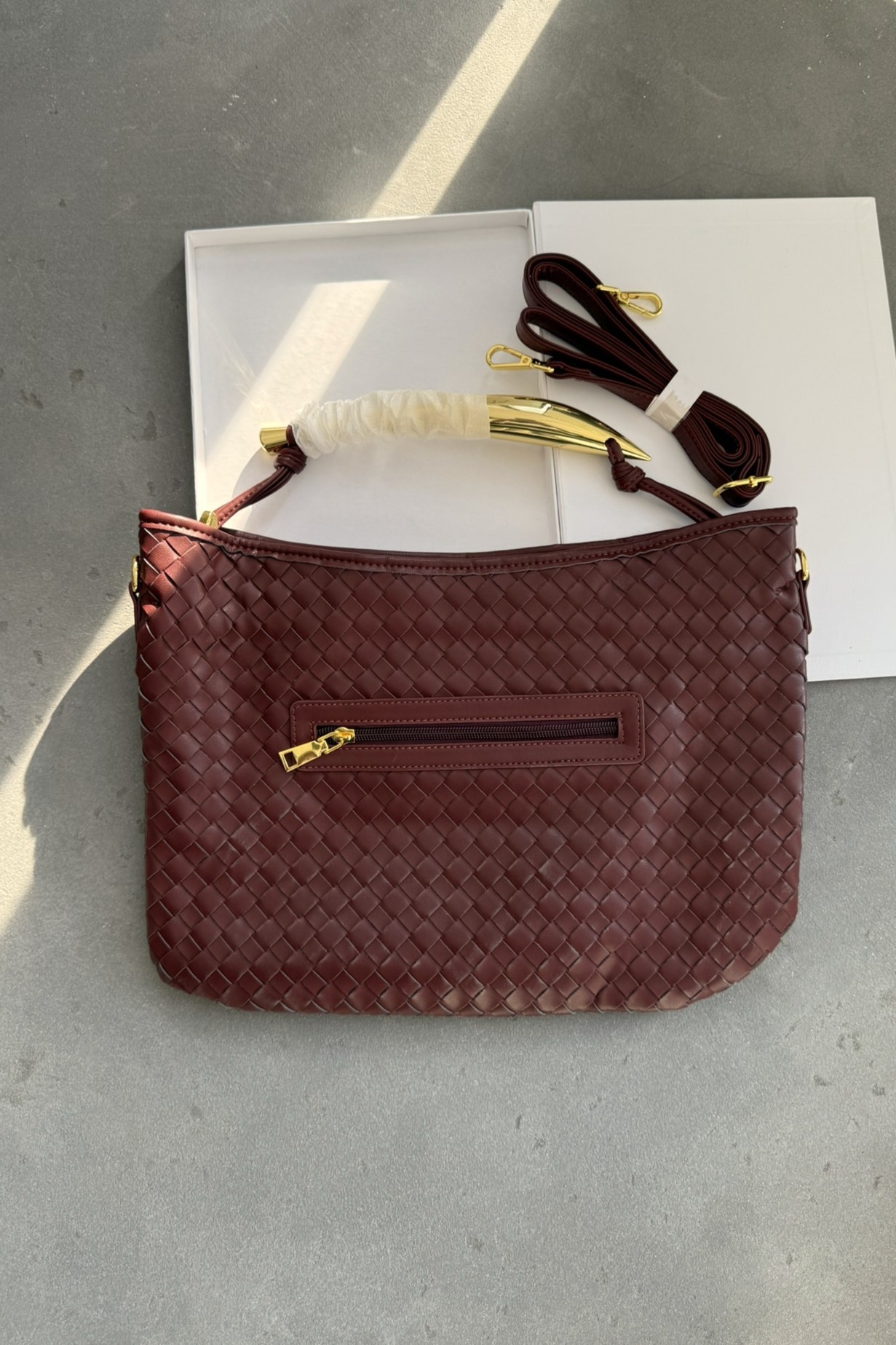 Premium Deri Şık Aksesuarlı Örme Çanta Büyük Boy Bordo (Özel Stok)