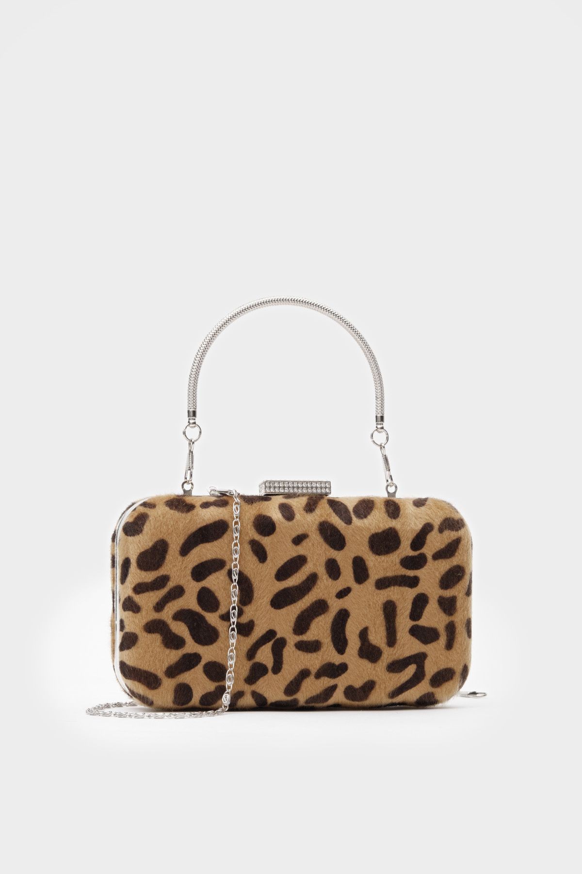 Suni Kürk Clutch Mini Taş Tokalı Leopar Desen Kadın Abiye Çanta Bethany