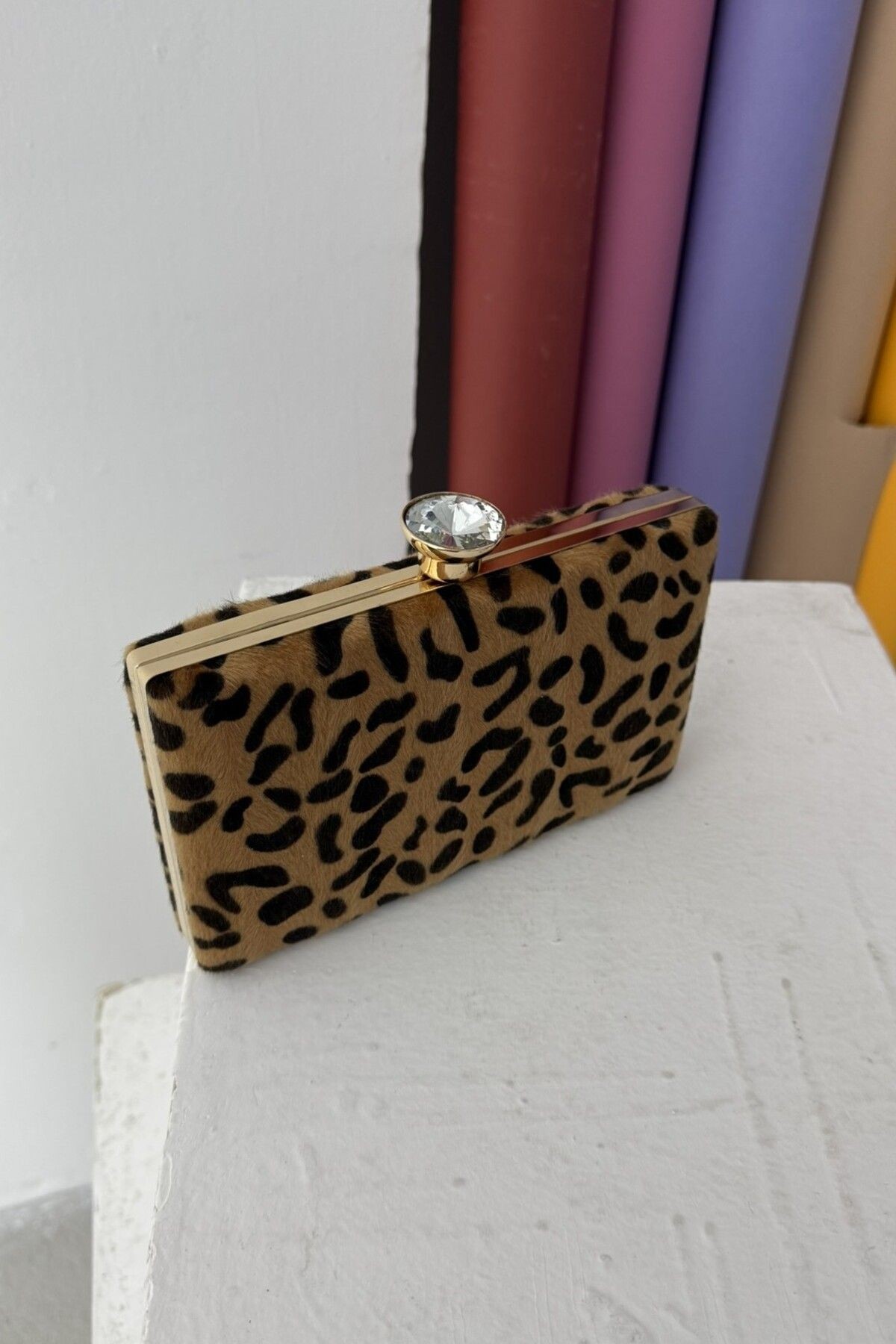 Suni Kürk Clutch Taş Tokalı Leopar Desen Kadın Abiye Çanta Amelia