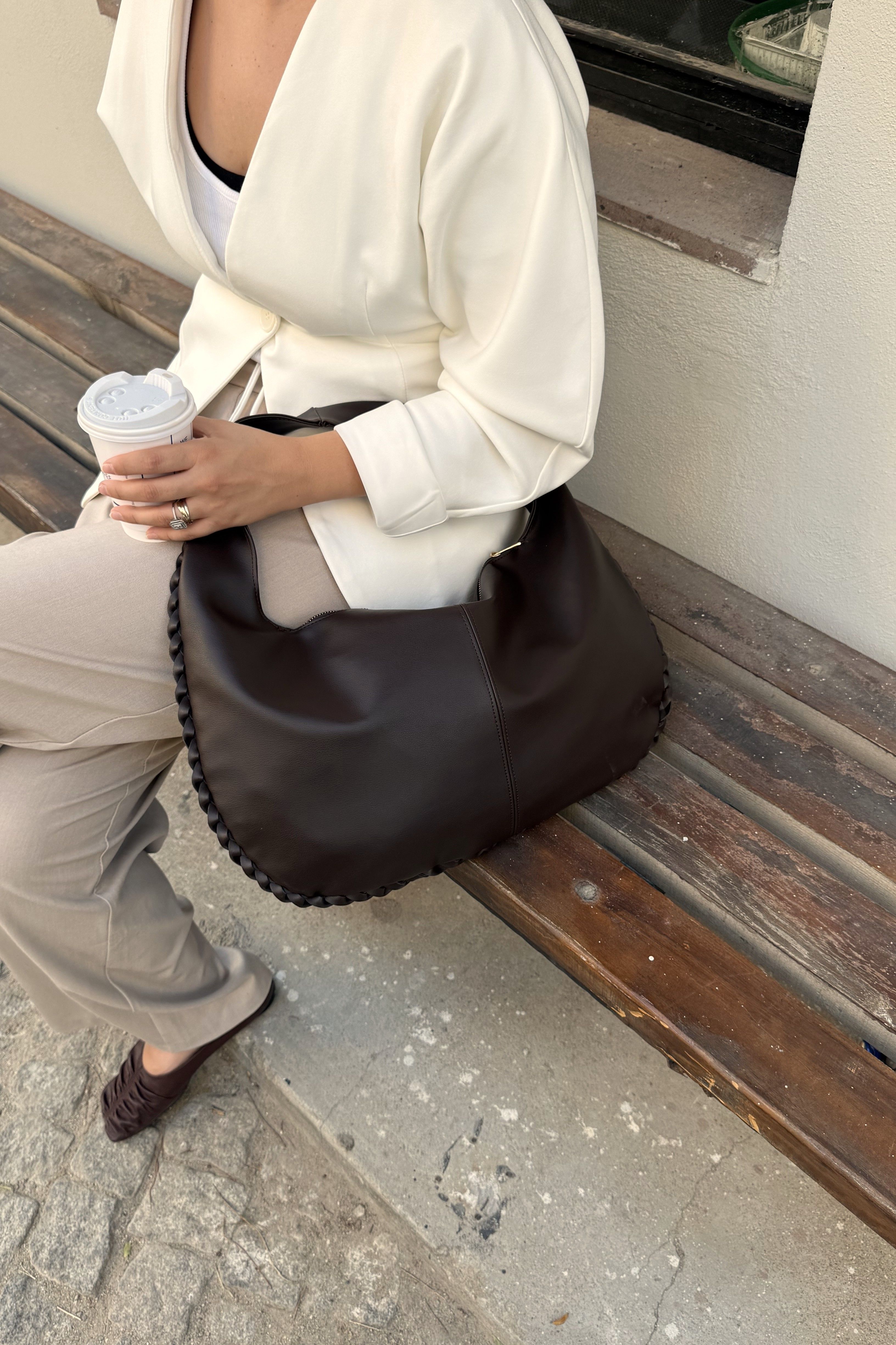 Retro Örgülü Large Kadın El ve Omuz Çanta Viyana ST0008 - Düz Acı Kahve