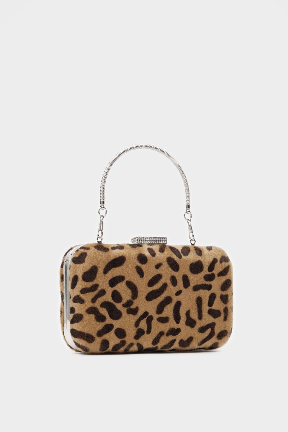 Suni Kürk Clutch Mini Taş Tokalı Leopar Desen Kadın Abiye Çanta Bethany