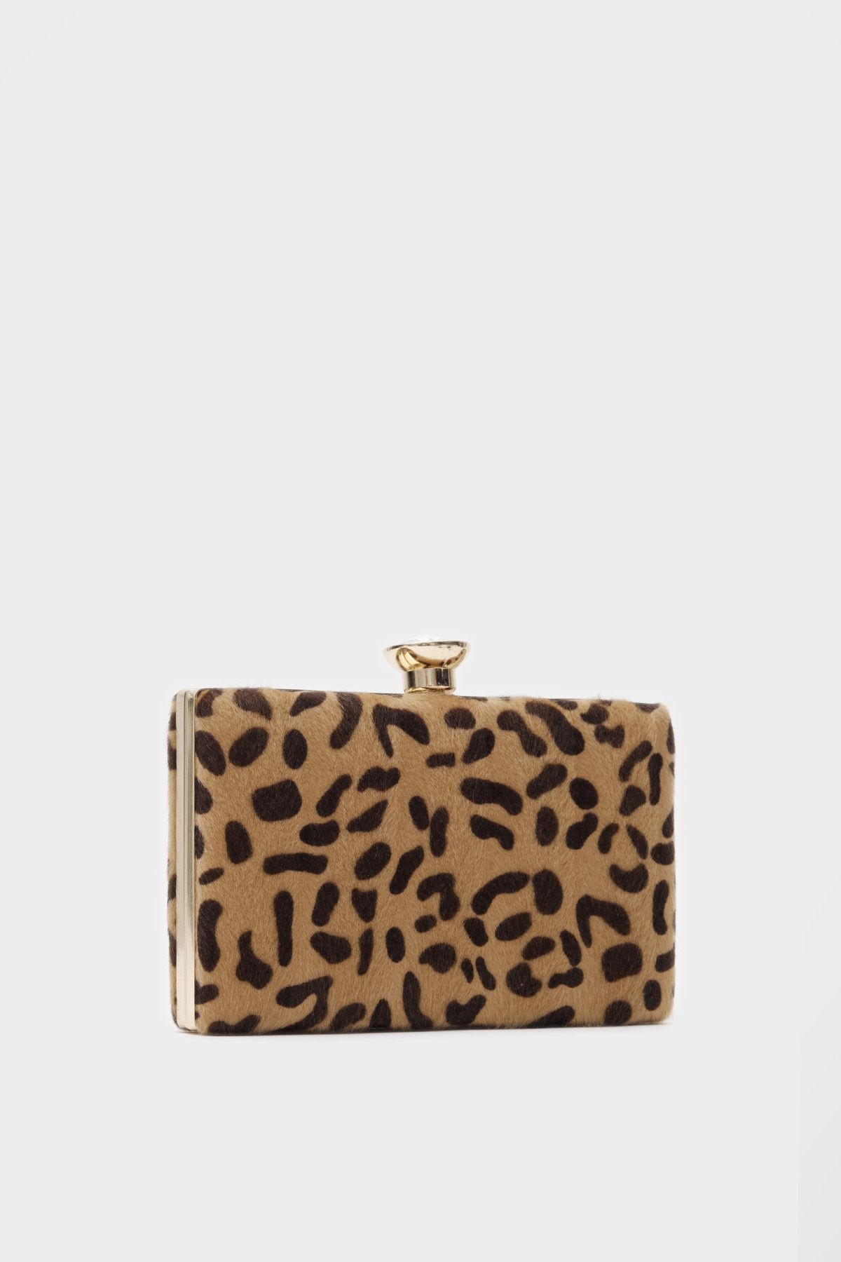 Suni Kürk Clutch Taş Tokalı Leopar Desen Kadın Abiye Çanta Amelia