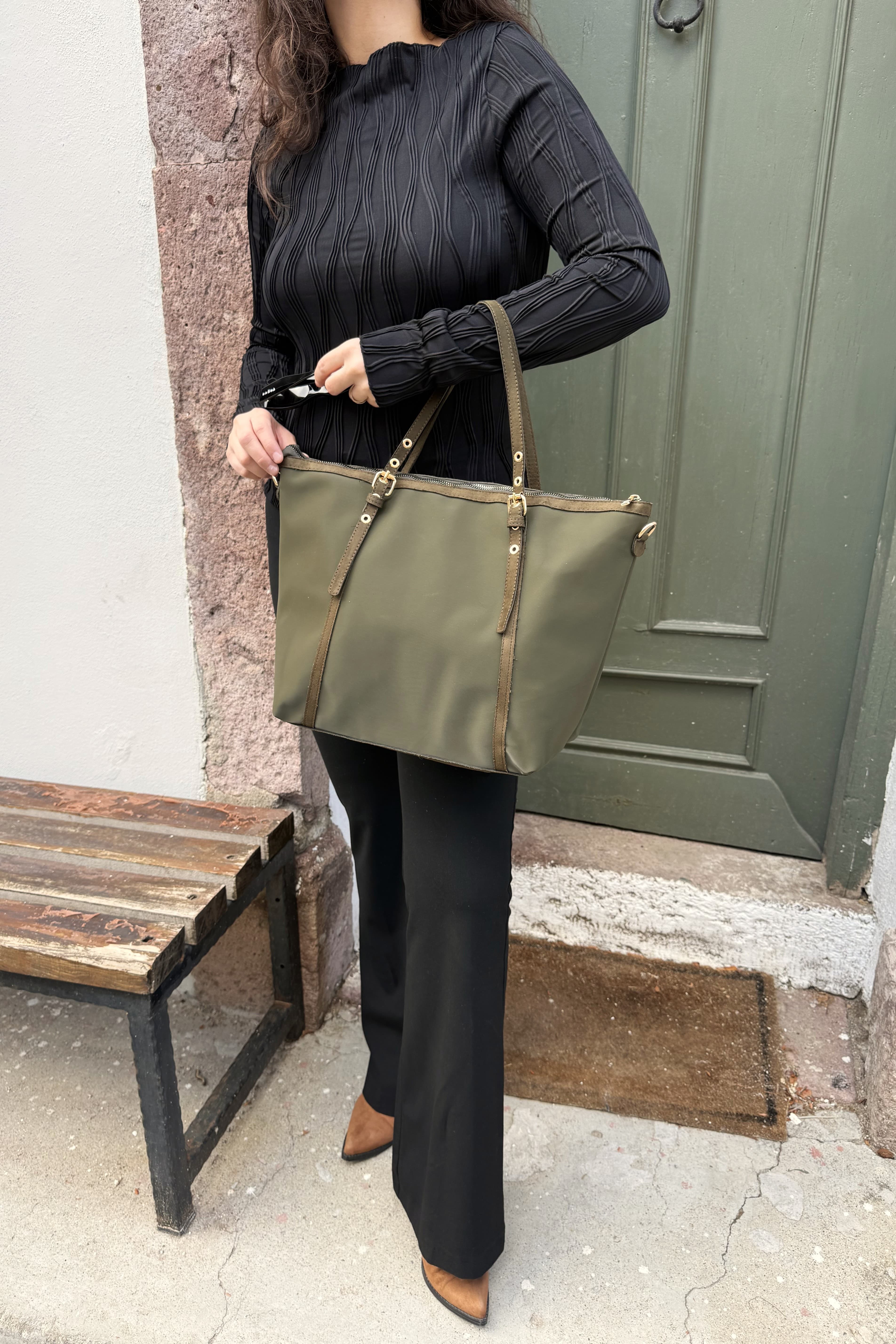 Süet Detaylı Kadın Shopper El ve Omuz Çanta Valenne ST0032 - Haki