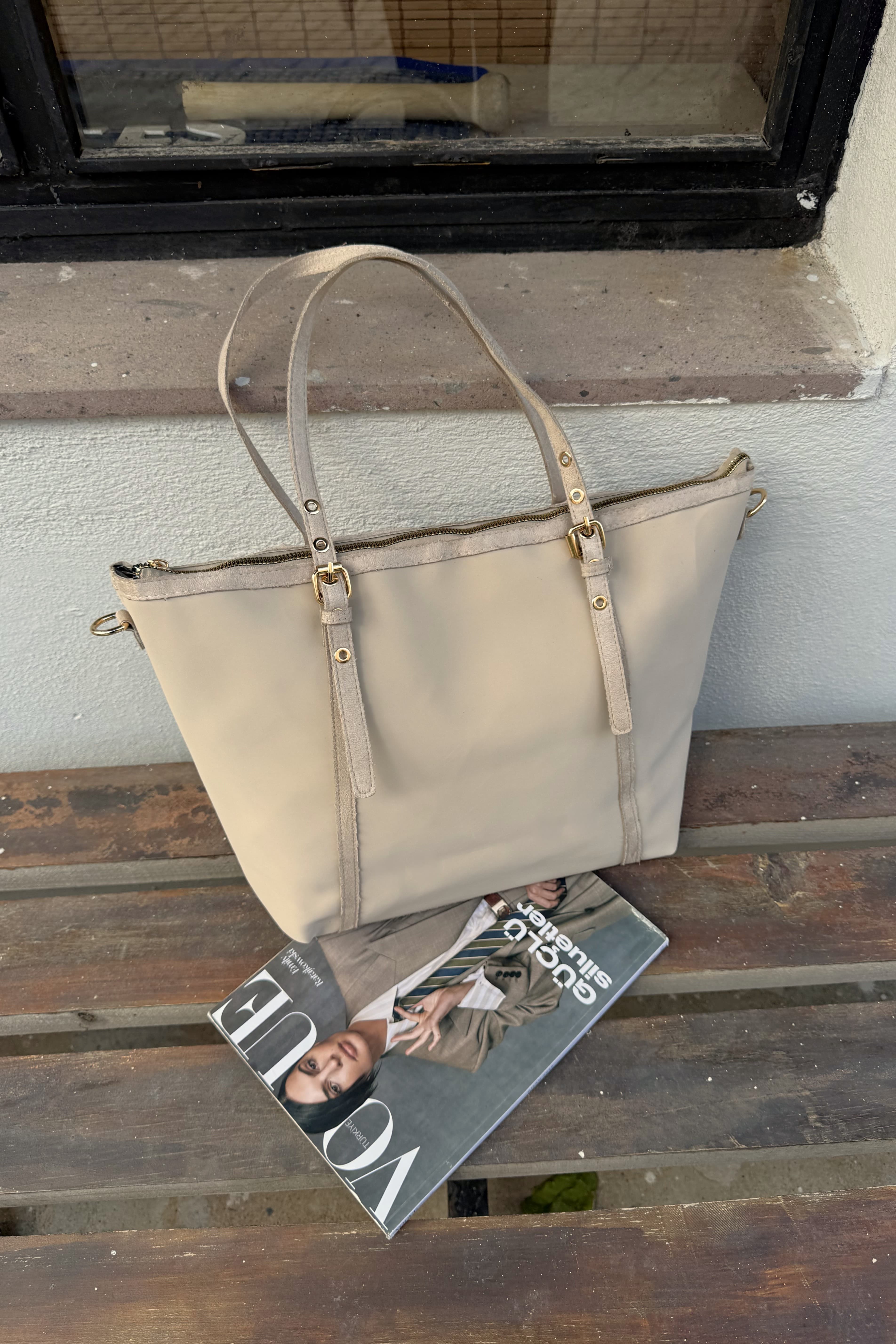 Süet Detaylı Kadın Shopper El ve Omuz Çanta Valenne ST0032 - Krem
