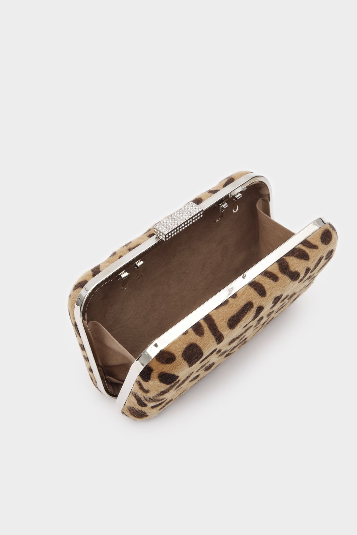 Suni Kürk Clutch Mini Taş Tokalı Leopar Desen Kadın Abiye Çanta Bethany