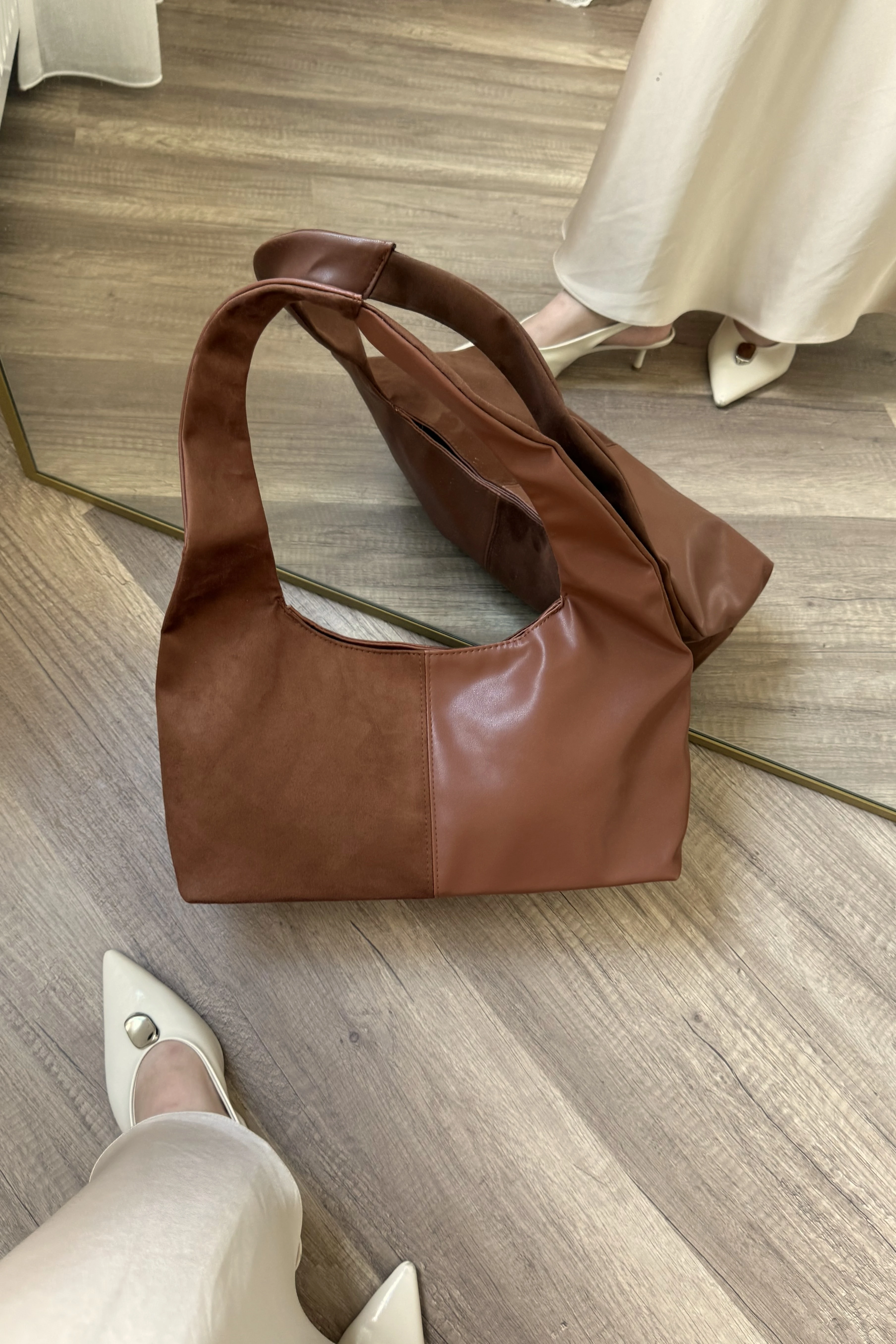 Süet ve Suni Deri Kadın Shopper Vintage Omuz Çantası Norton ST0043 - Taba