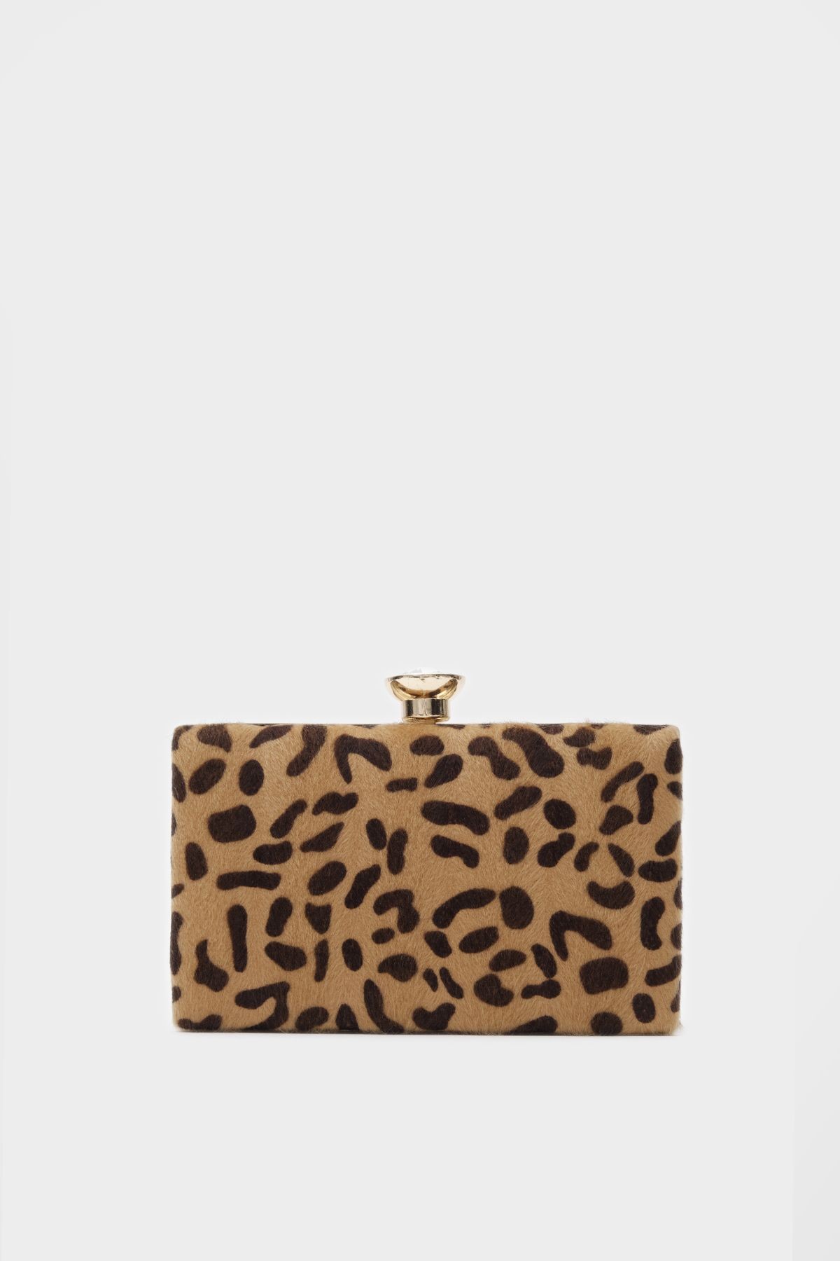 Suni Kürk Clutch Taş Tokalı Leopar Desen Kadın Abiye Çanta Amelia