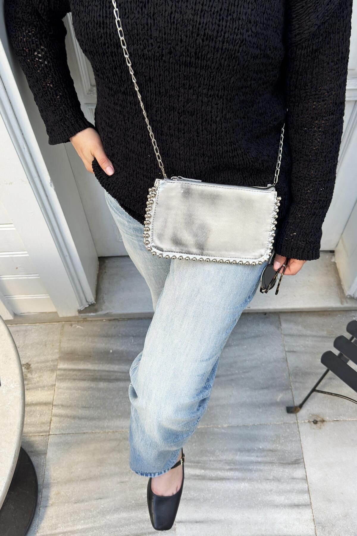 Metal Boncuklu Clutch Zincir Askılı 3 Gözlü Kadın El ve Omuz Çantası Estelle Gümüş