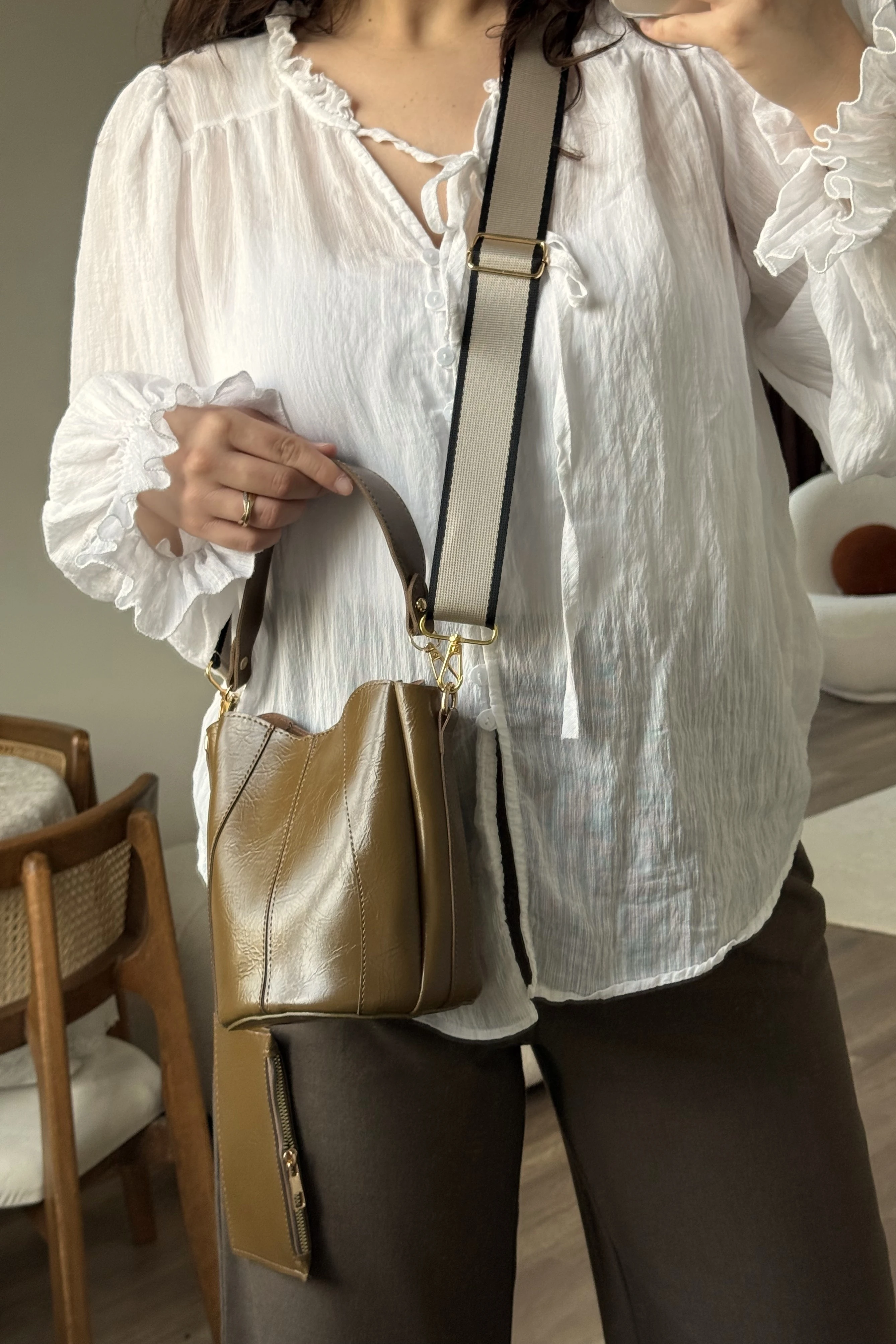 Dikiş Detaylı Cüzdanlı Kese Model Kadın El ve Omuz Çanta Didas ST0045 - Yağ Yeşili