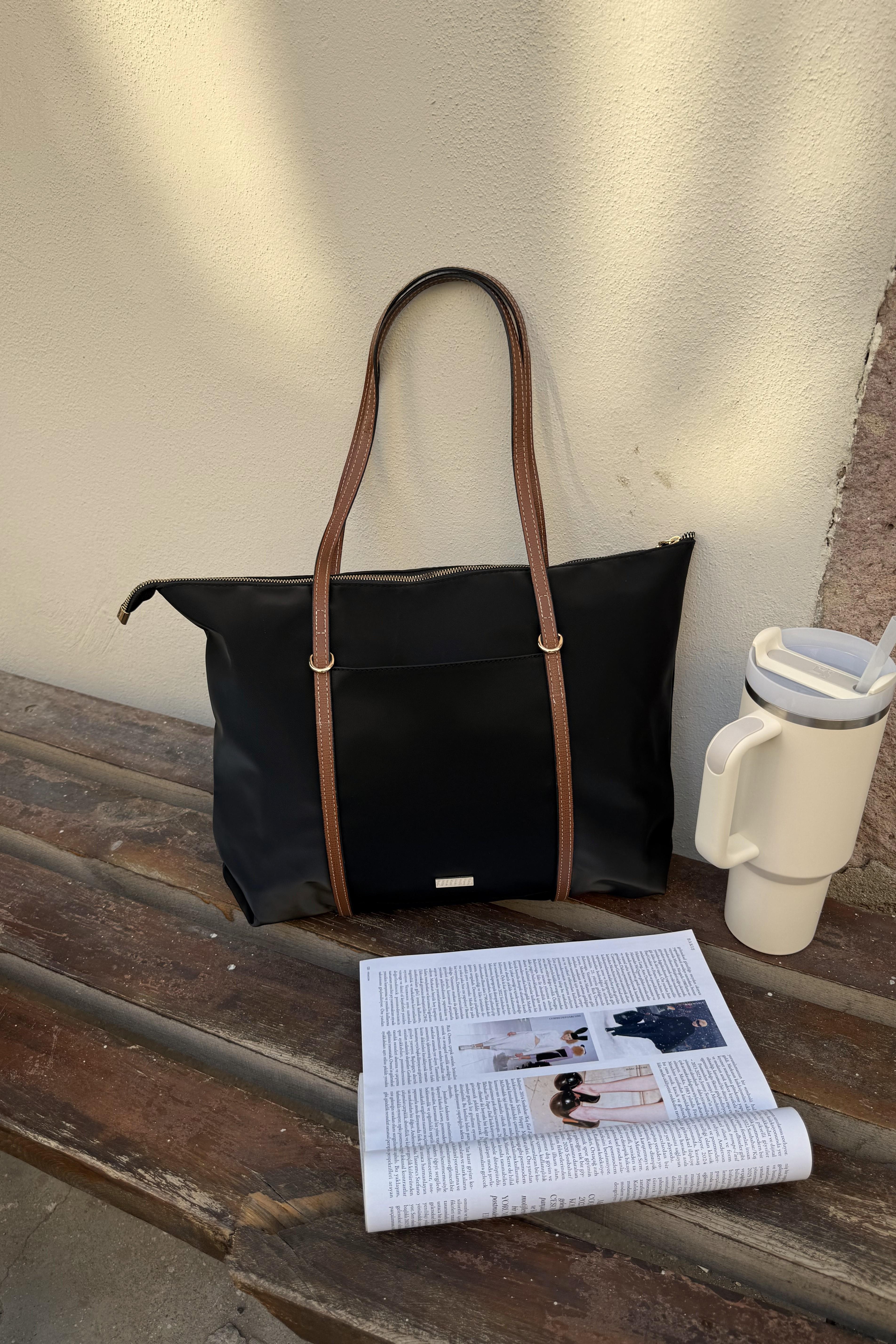 Şeritli Ön Gözlü Kadın Shopper Çanta Carmira ST0023 - Siyah