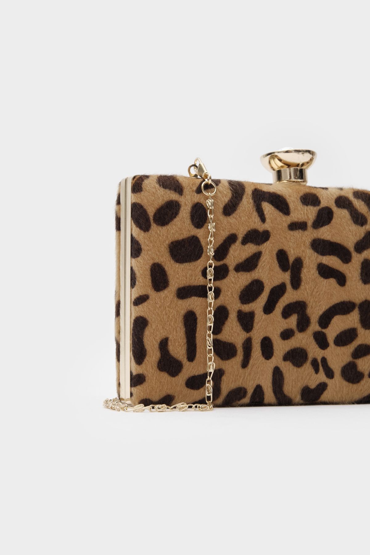 Suni Kürk Clutch Taş Tokalı Leopar Desen Kadın Abiye Çanta Amelia