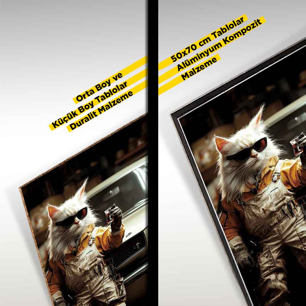 Usta Bi Çay Söyle! "Oto Tamircisi Temalı Komik Kedi Tablosu" TB_00016