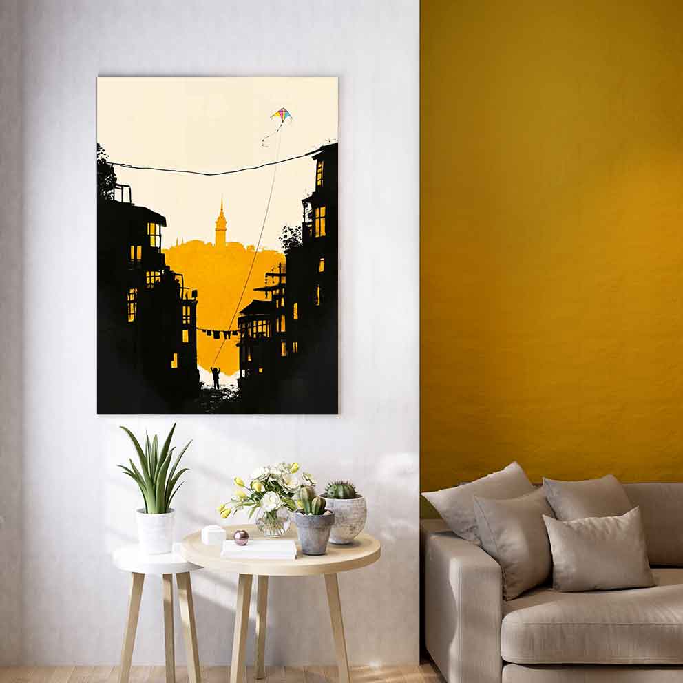 “Uçurtmalı İstanbul Tablosu – Galata Kulesi Siluetli Minimal Sanat Duvar Dekoru” TB_00063