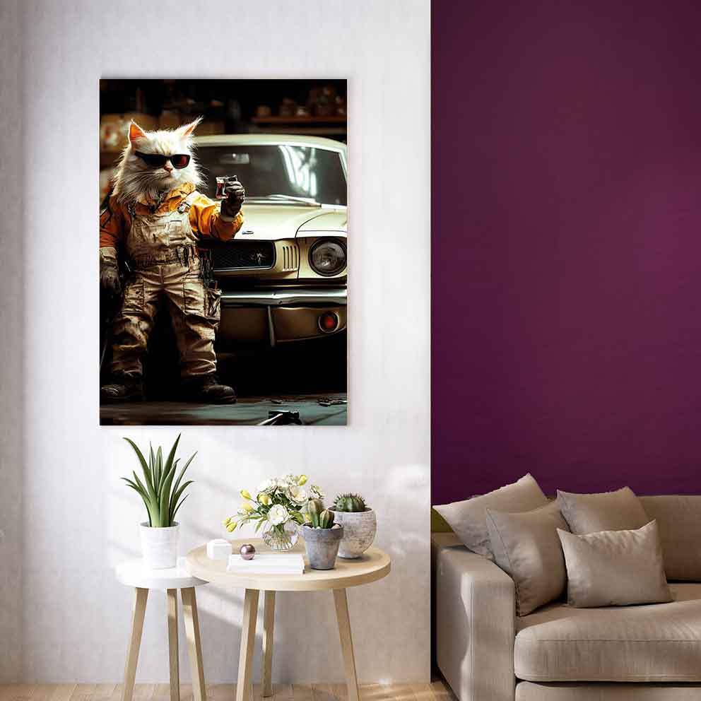 Usta Bi Çay Söyle! "Oto Tamircisi Temalı Komik Kedi Tablosu" TB_00016