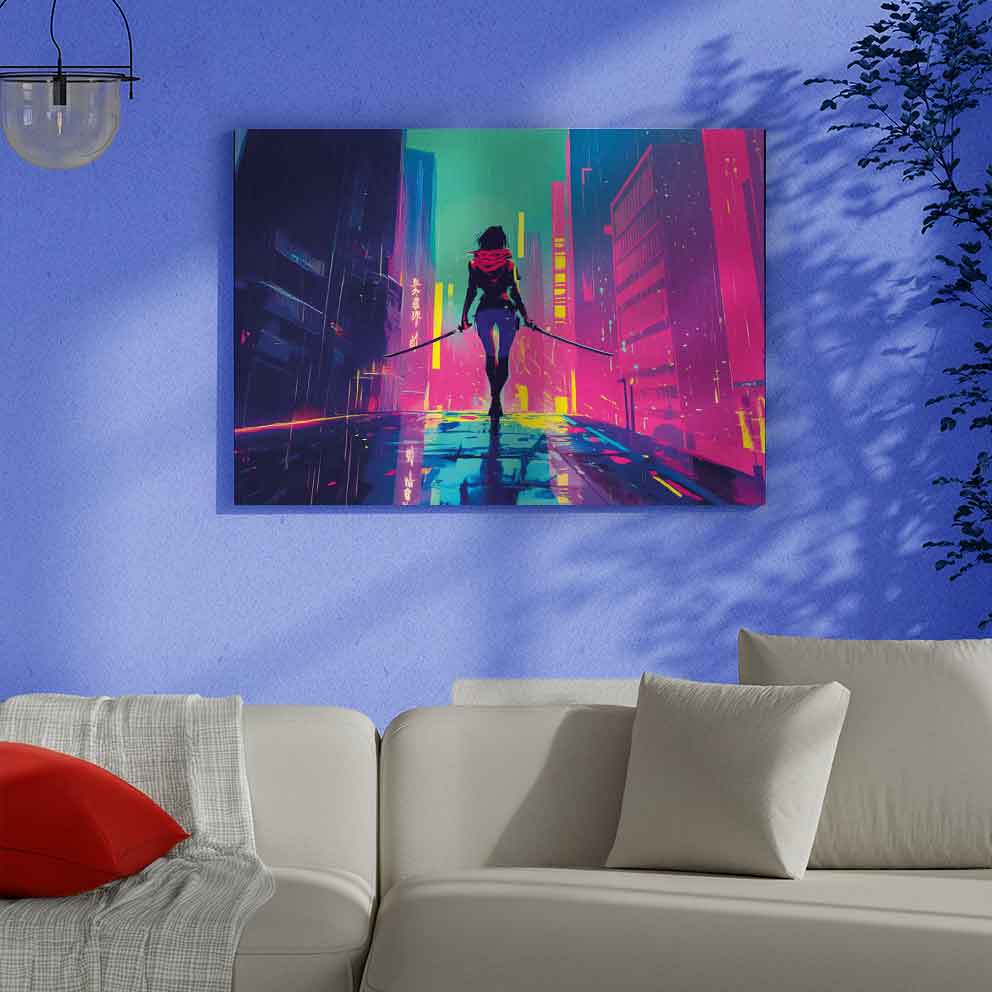 Cyber Samurai Tablo – Neon Şehirde Savaşçı Kadın Duvar Dekoru” TB_00098