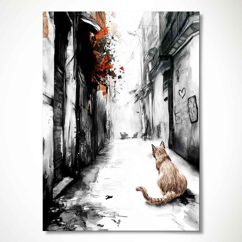 “Sessiz Sokak – Kedi ve Şehir Temalı Modern Tablo” TB_00032