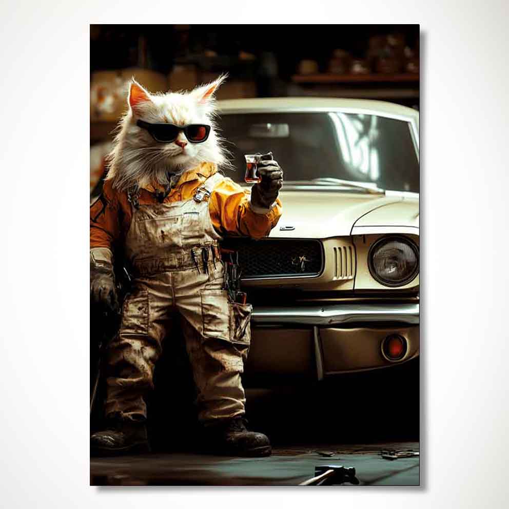 Usta Bi Çay Söyle! "Oto Tamircisi Temalı Komik Kedi Tablosu" TB_00016