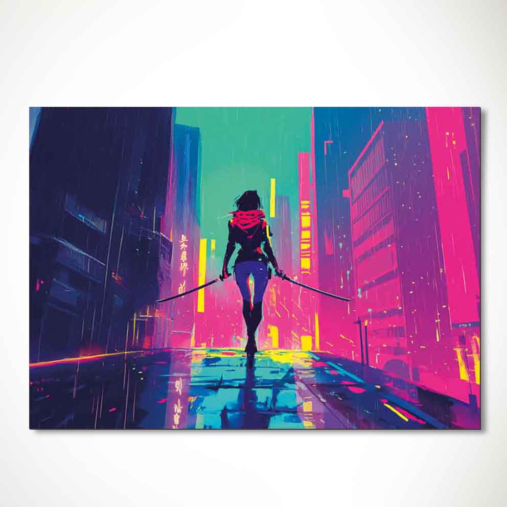 Cyber Samurai Tablo – Neon Şehirde Savaşçı Kadın Duvar Dekoru” TB_00098