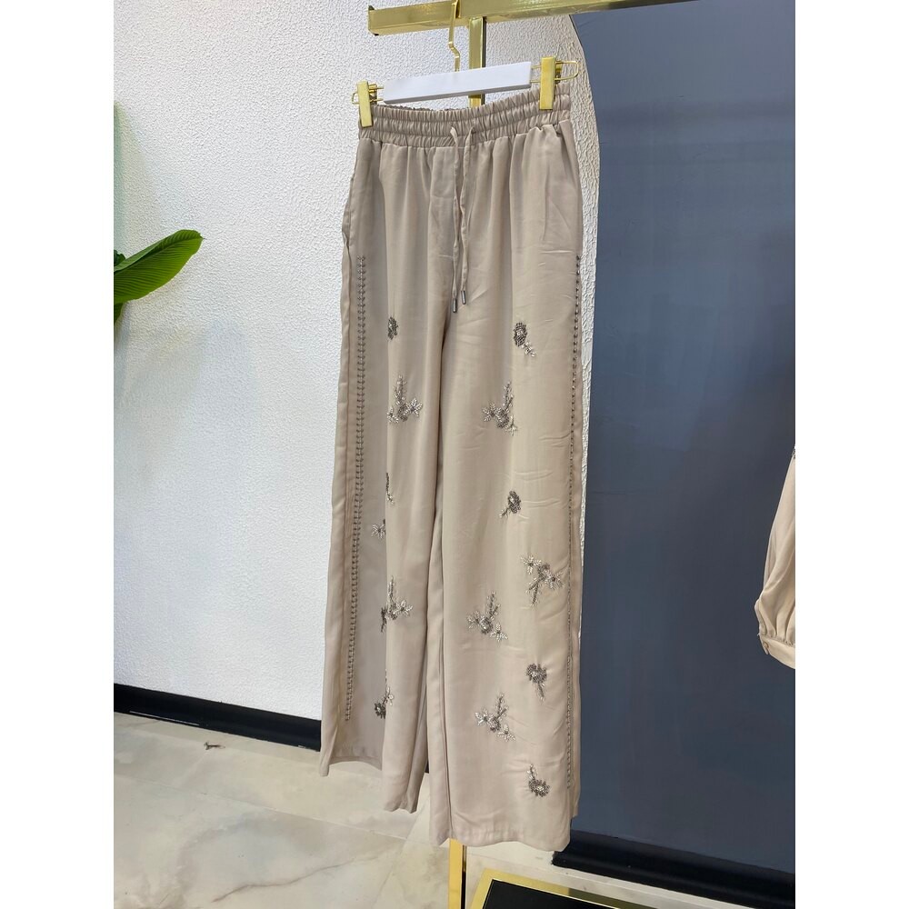 İŞLEMELİ TENSEL PANTOLON BEJ