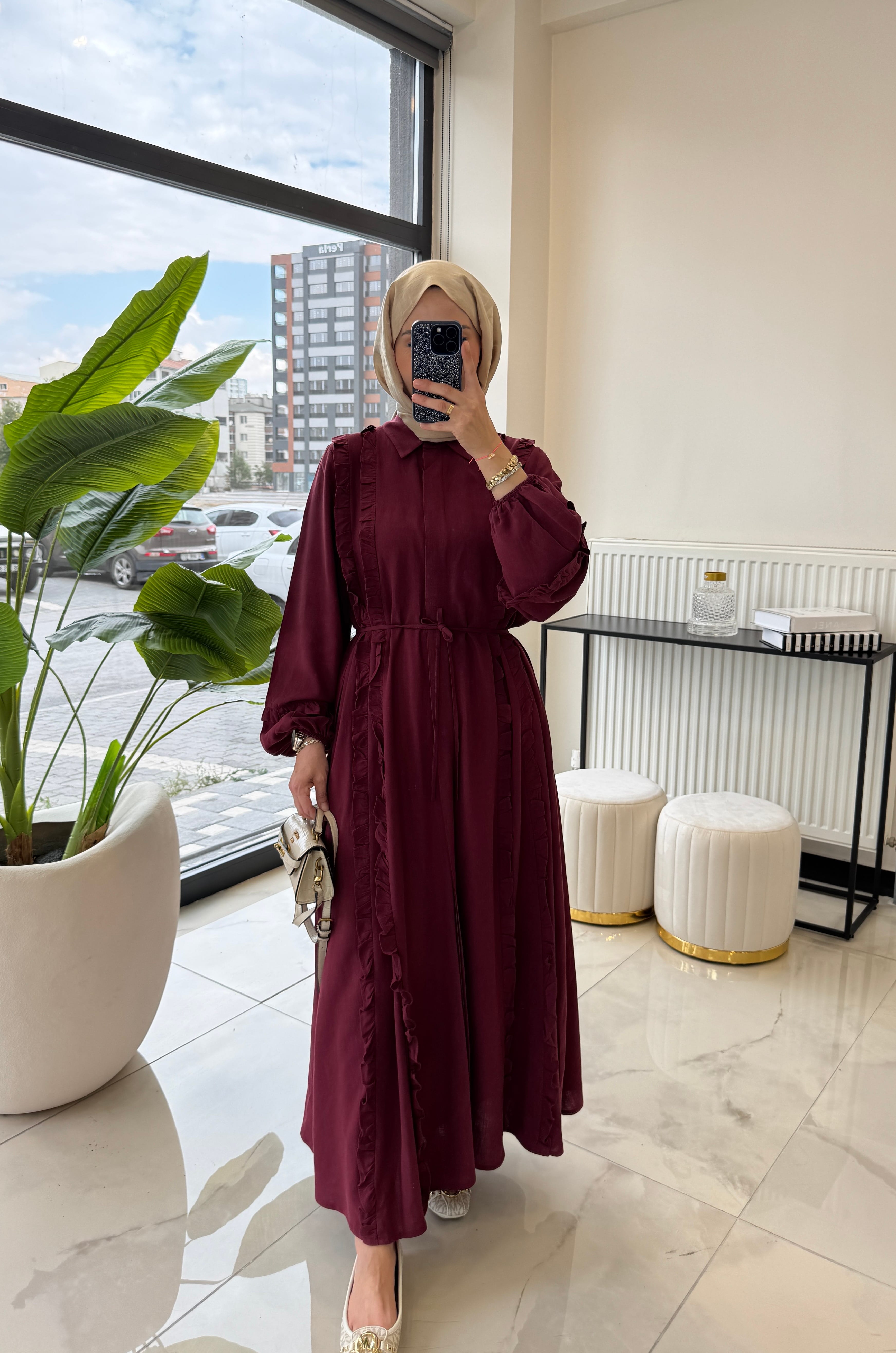 ISABELLA KETEN ELBİSE BORDO