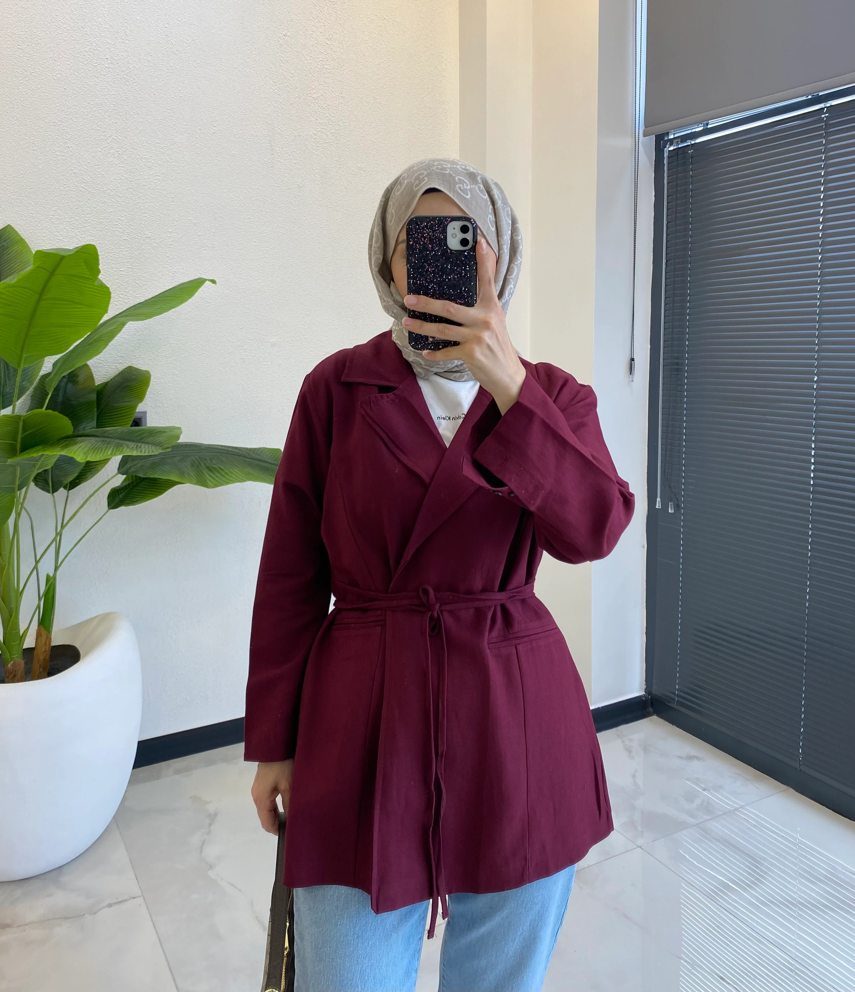 BAĞCIKLI KETEN BLAZER BORDO