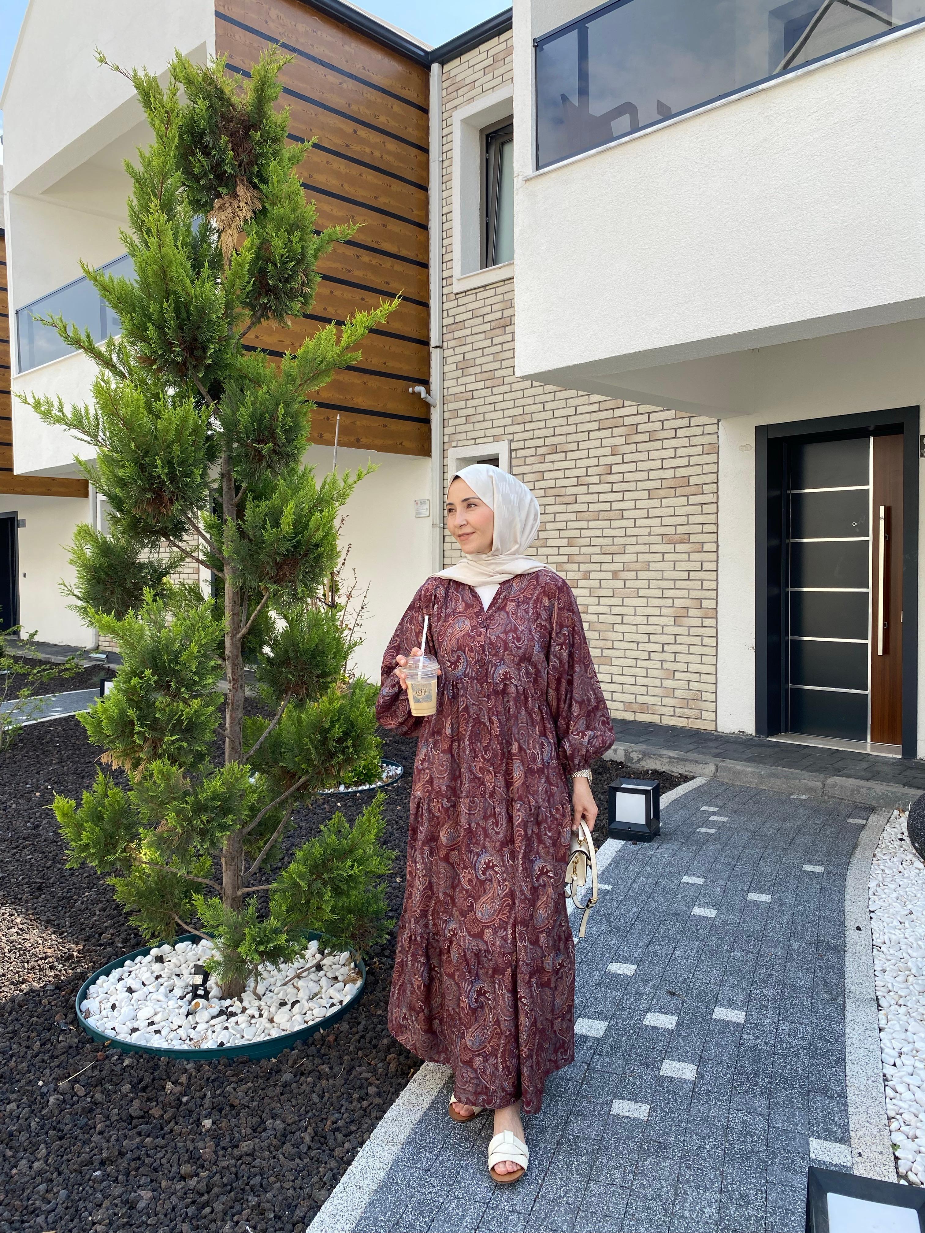 ŞAL DESEN TENSEL ELBİSE BORDO