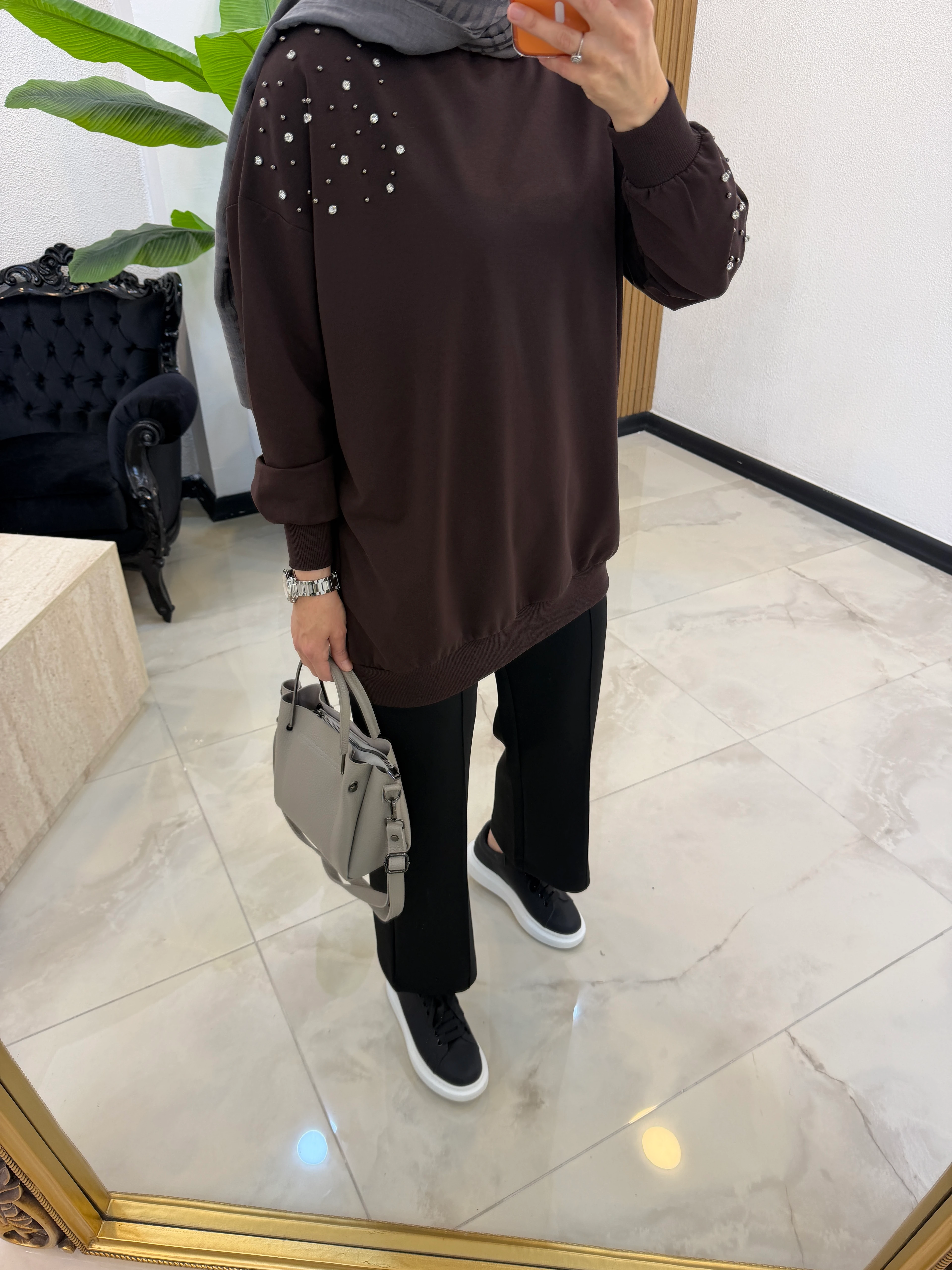 ALMİRA TAŞLI SWEAT KAHVE