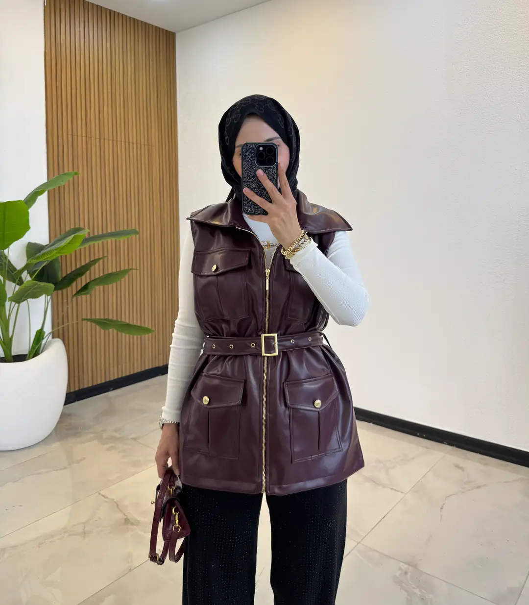 MONİCA DERİ YELEK BORDO