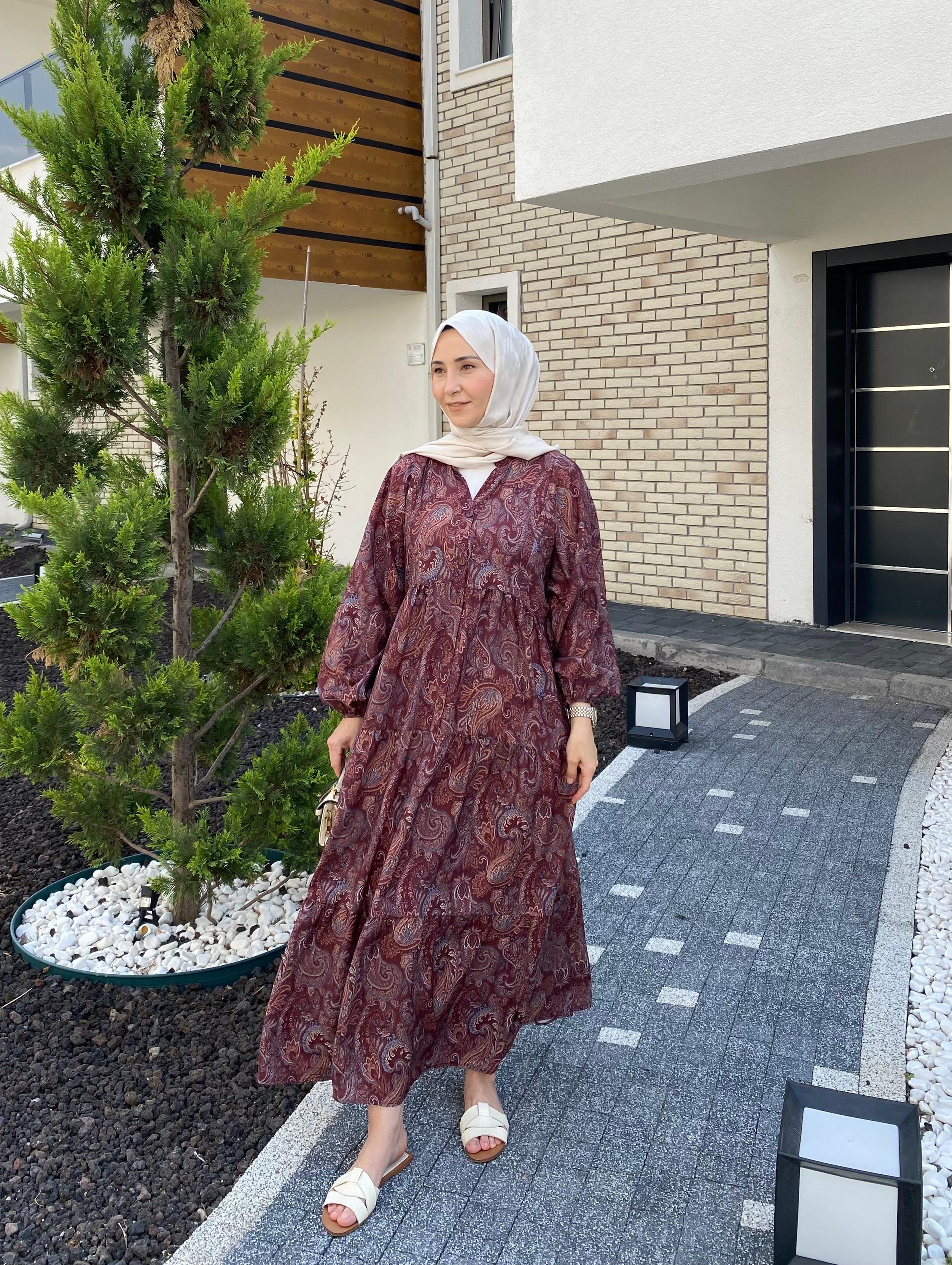 ŞAL DESEN TENSEL ELBİSE BORDO