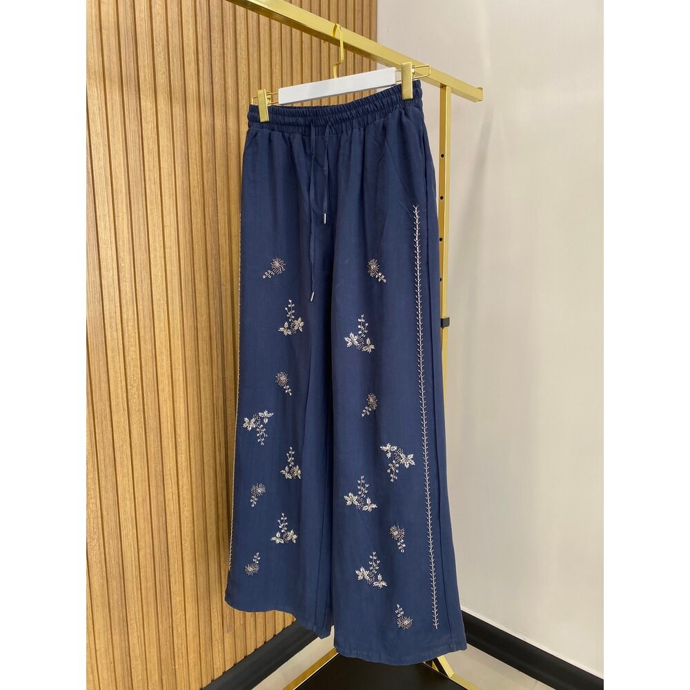 İŞLEMELİ TENSEL PANTOLON LACİVERT