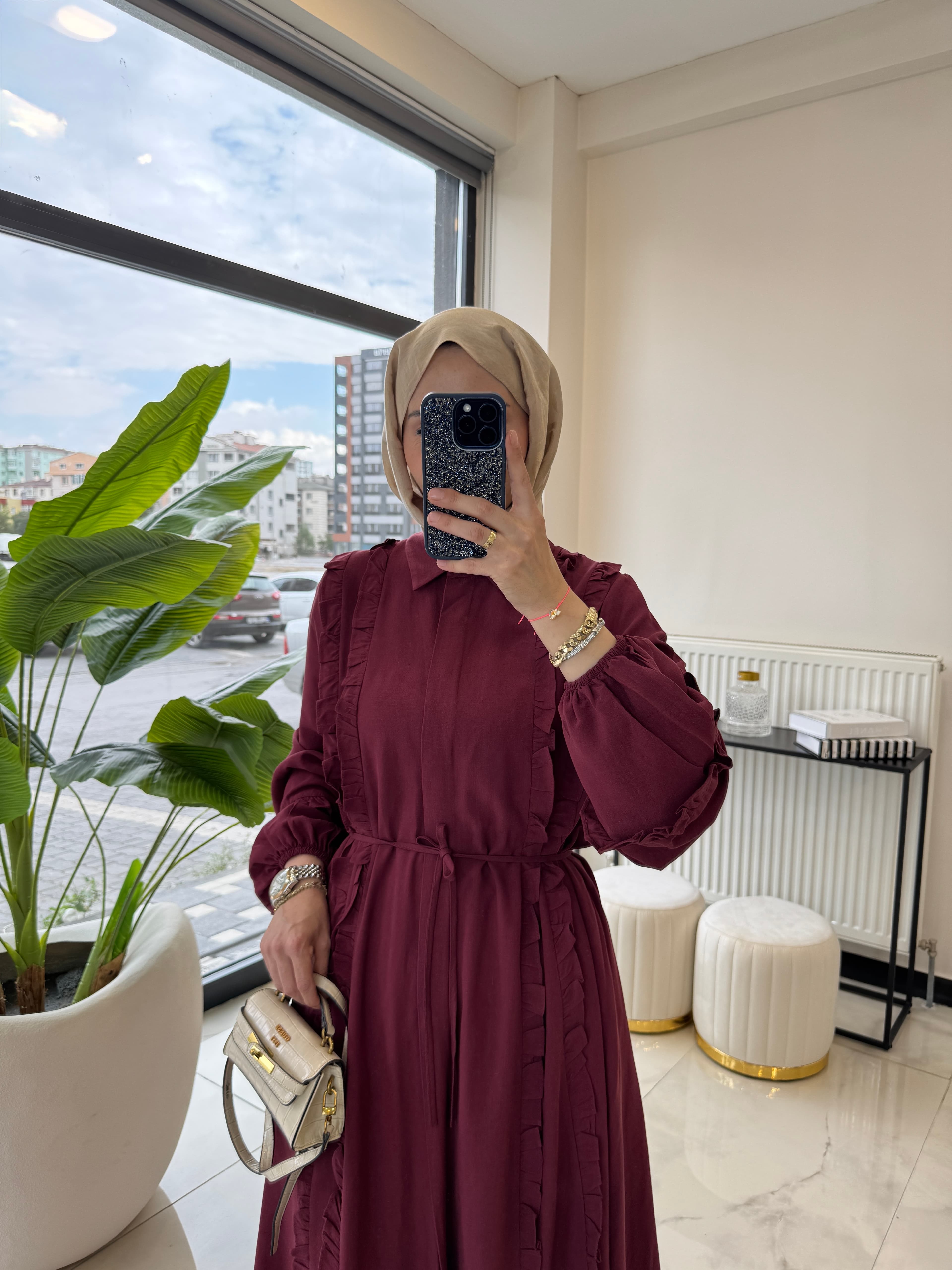 ISABELLA KETEN ELBİSE BORDO