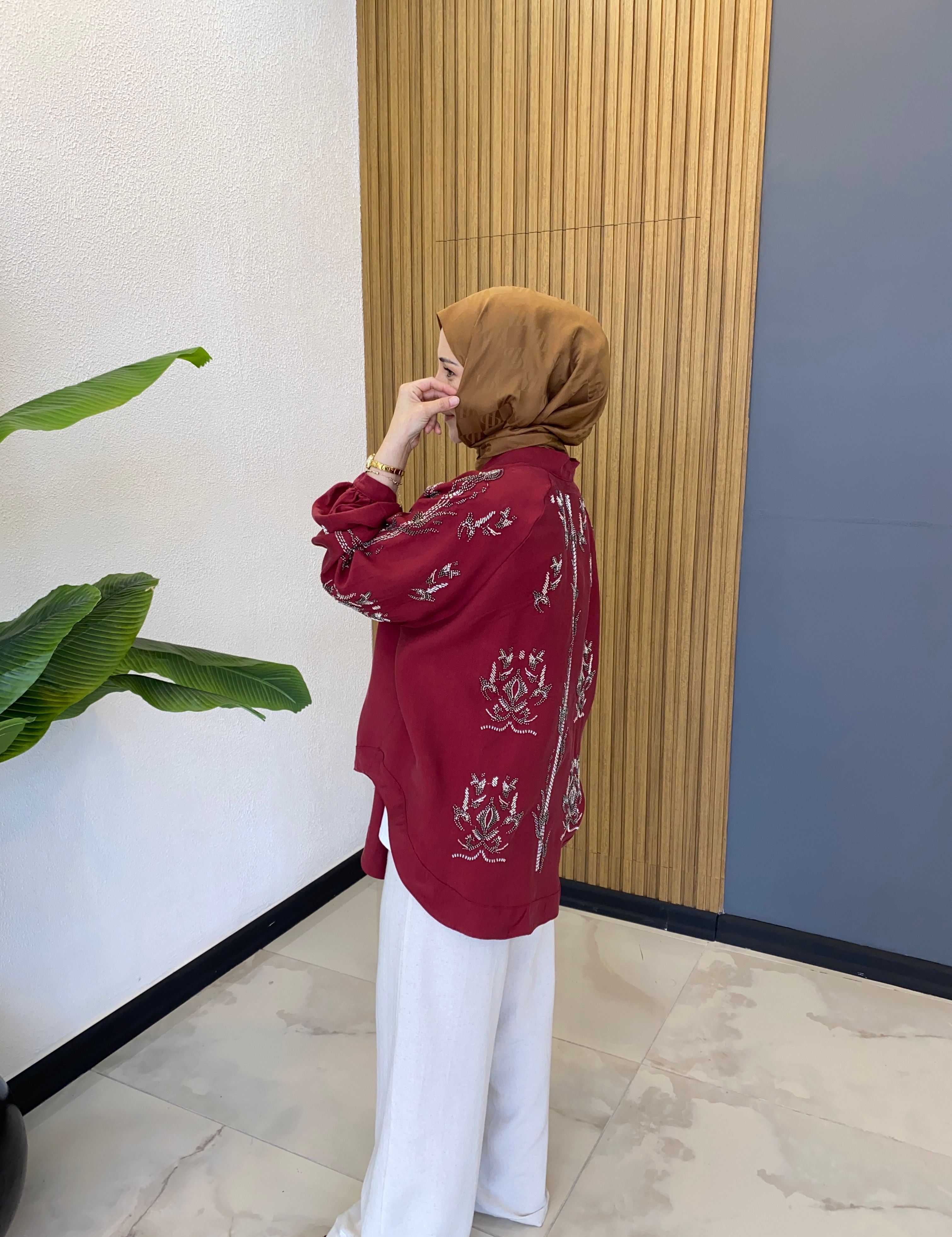 İşlemeli Tensel Kimono Bordo