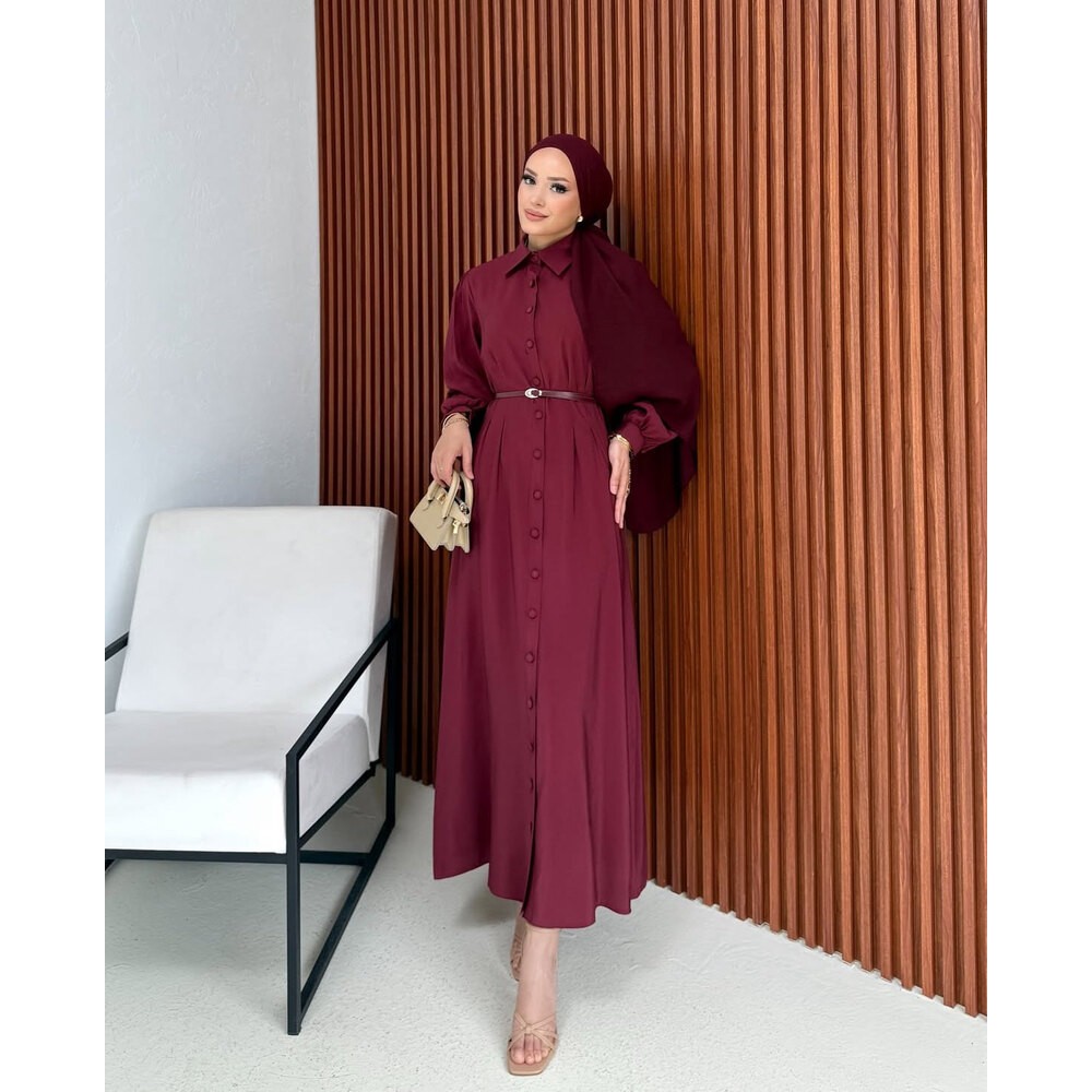 AHSEN KEMERLİ ELBİSE BORDO