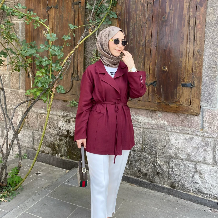 BAĞCIKLI KETEN BLAZER BORDO