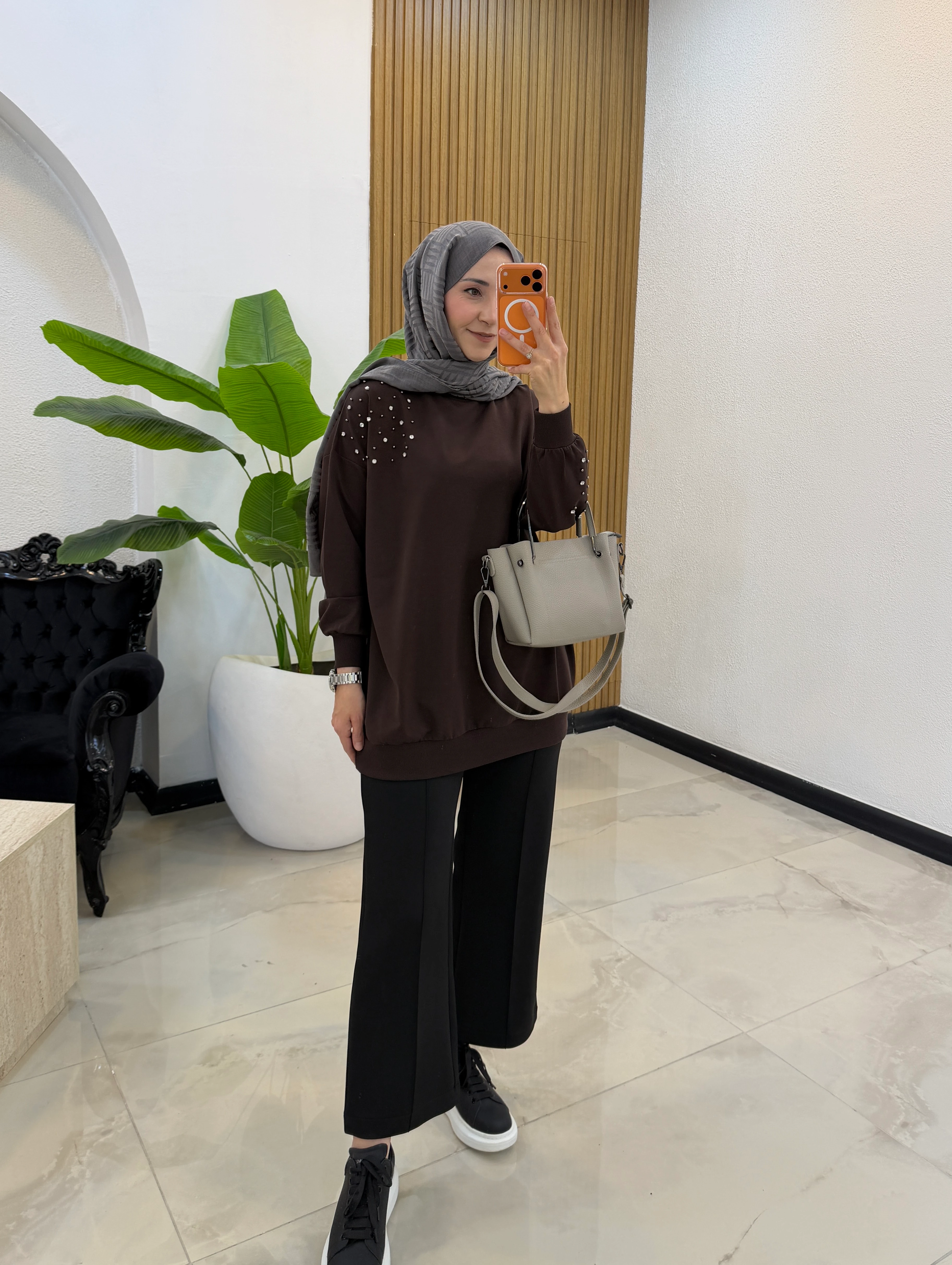 ALMİRA TAŞLI SWEAT KAHVE