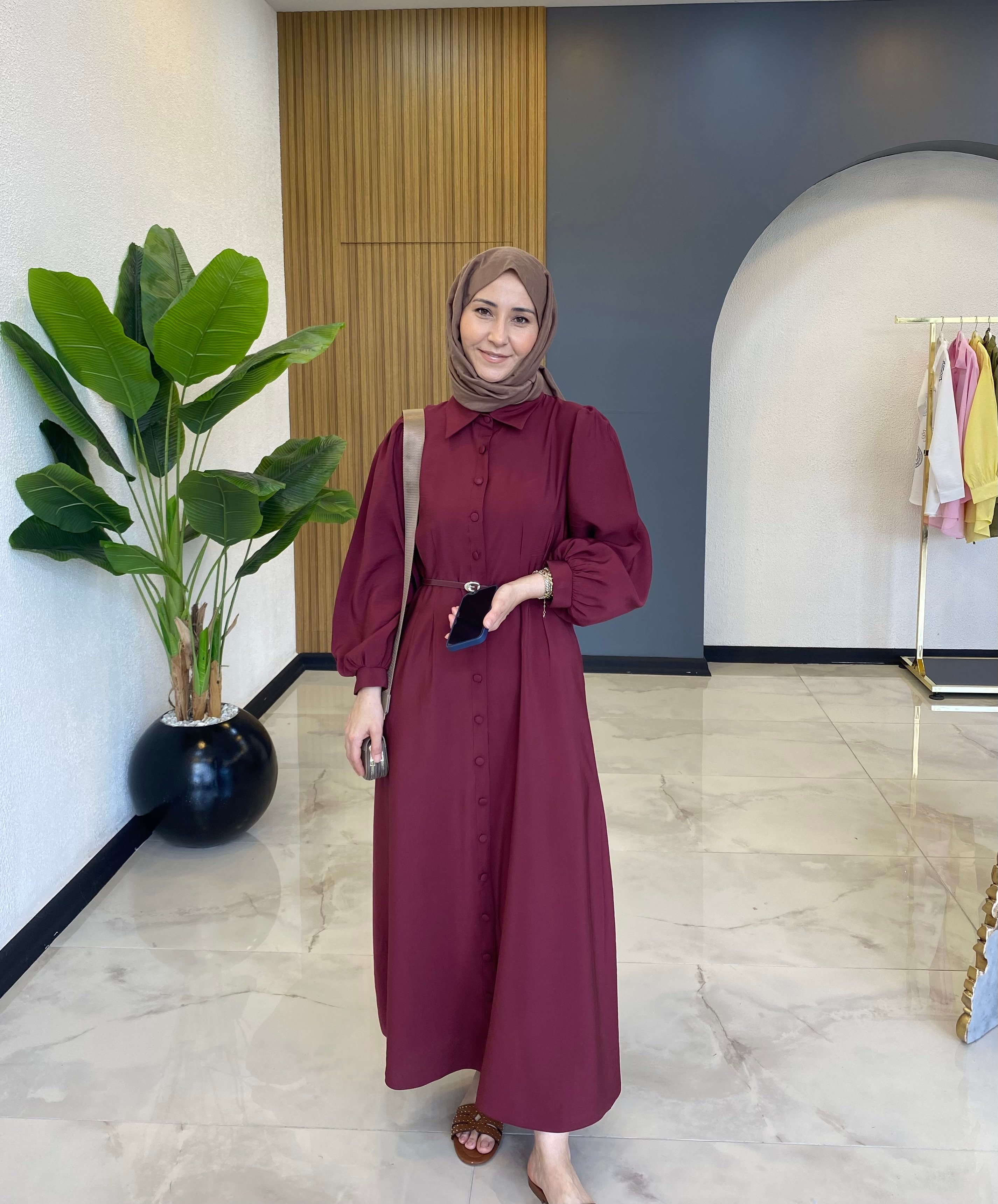 AHSEN KEMERLİ ELBİSE BORDO