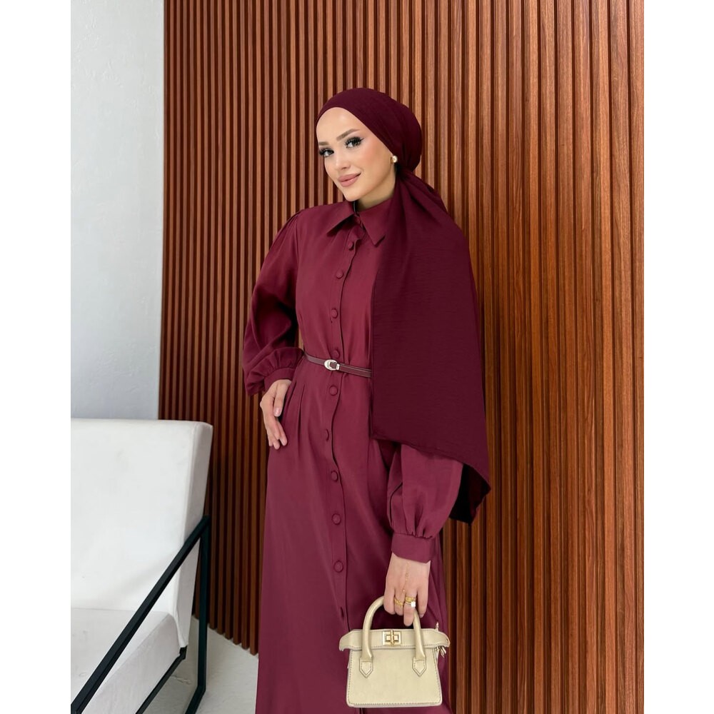 AHSEN KEMERLİ ELBİSE BORDO