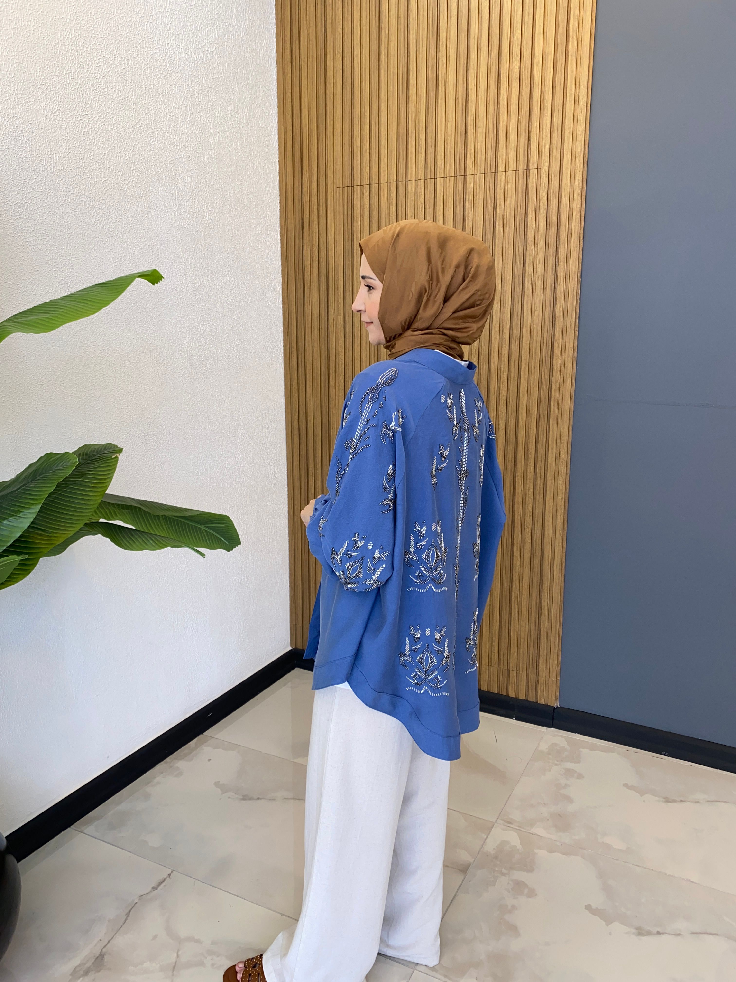 İşlemeli Tensel Kimono İndigo