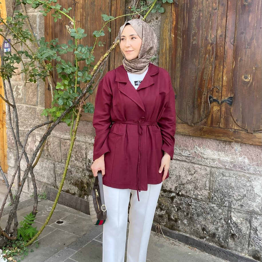 BAĞCIKLI KETEN BLAZER BORDO