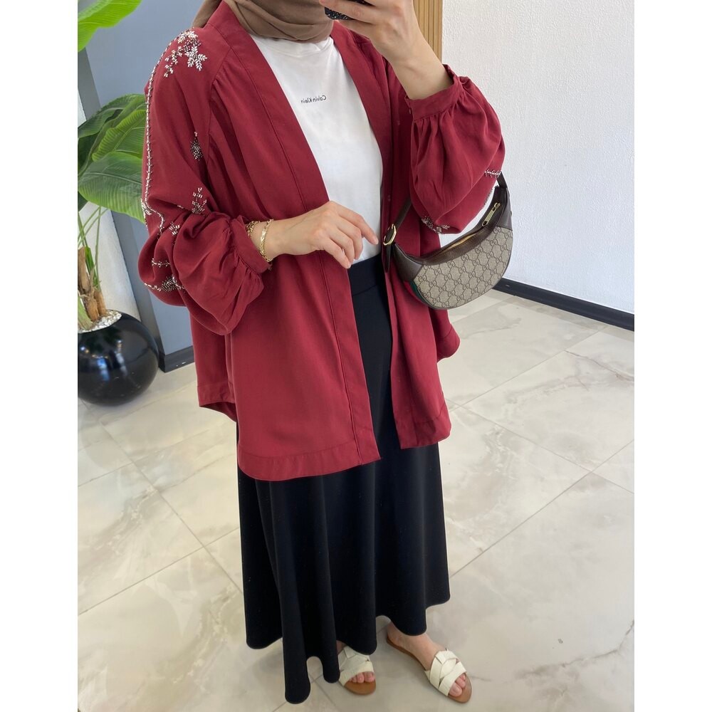 İŞLEMELİ KİMONO BORDO