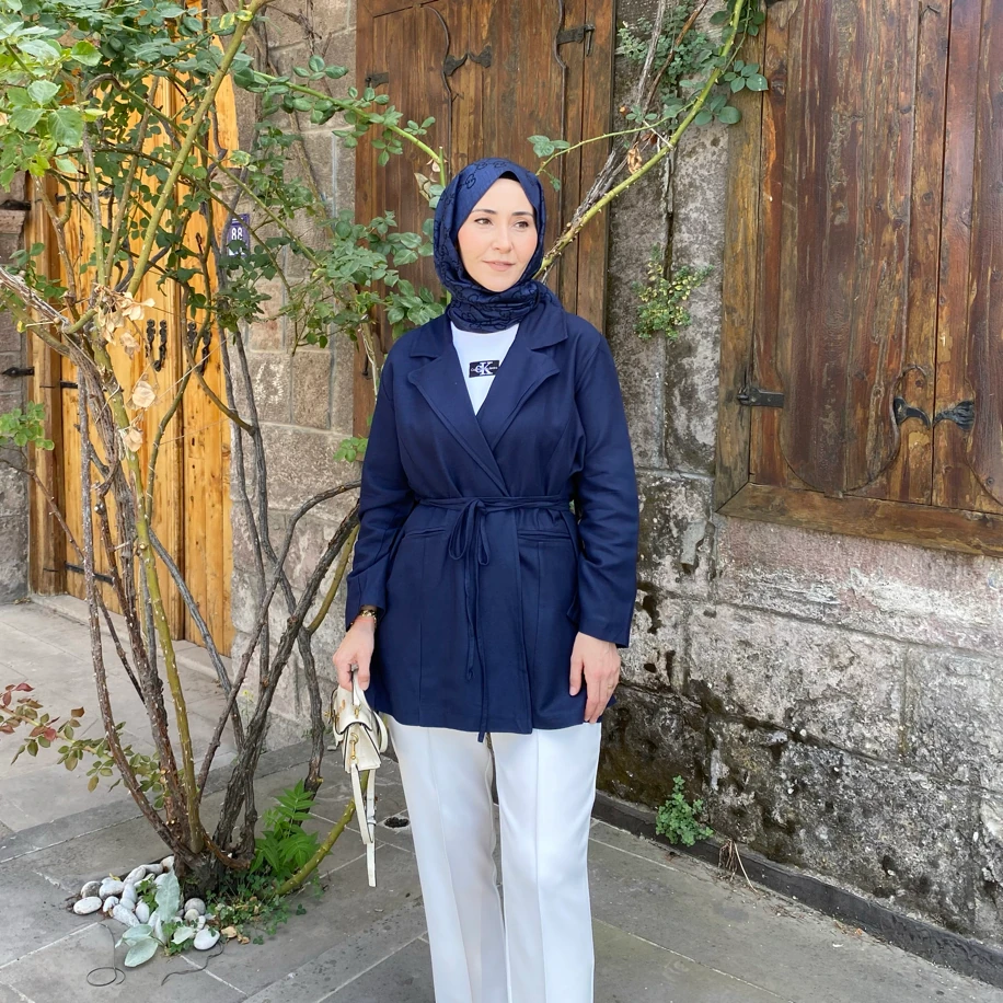 BAĞCIKLI KETEN BLAZER LACİVERT