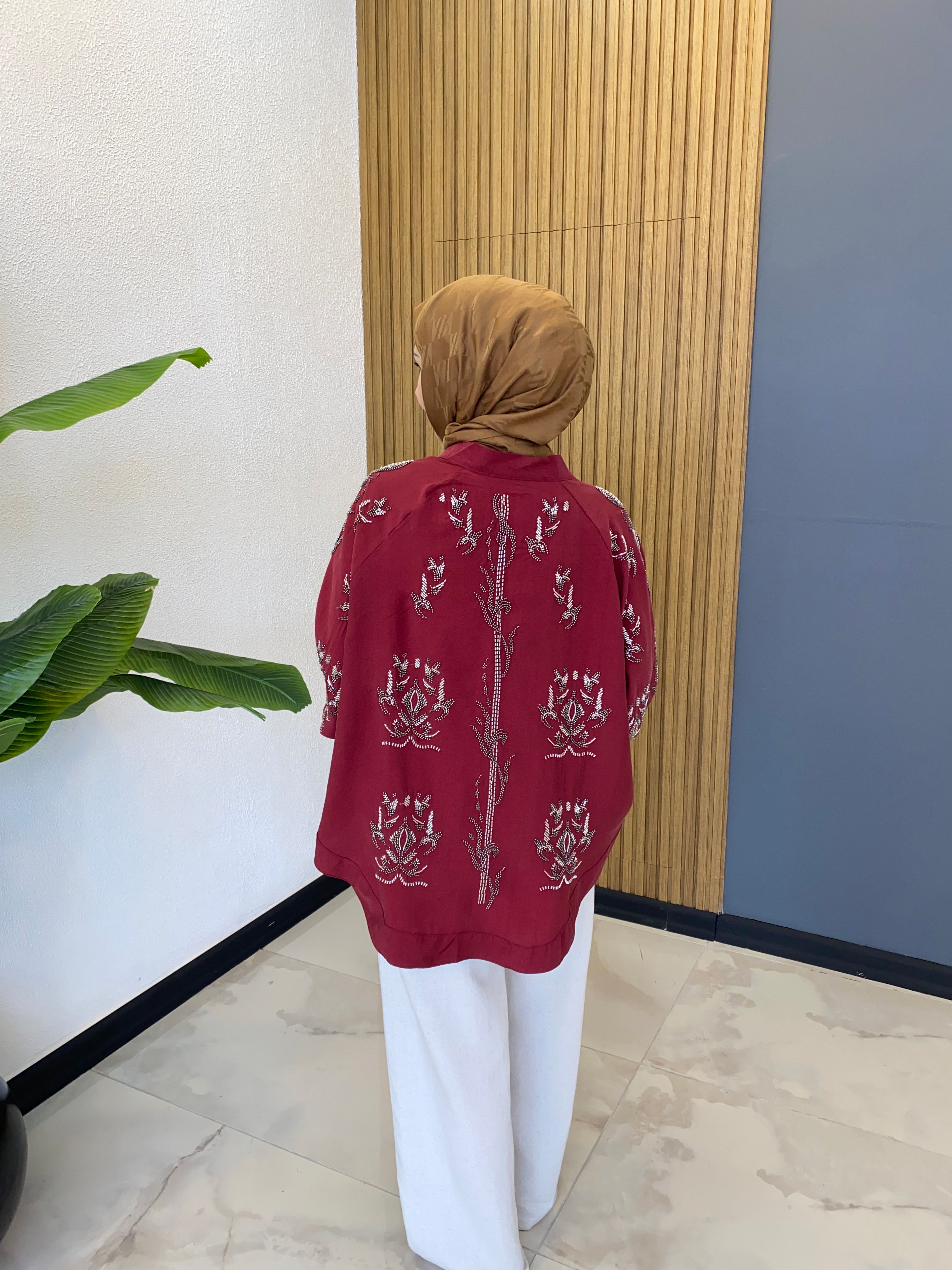 İşlemeli Tensel Kimono Bordo