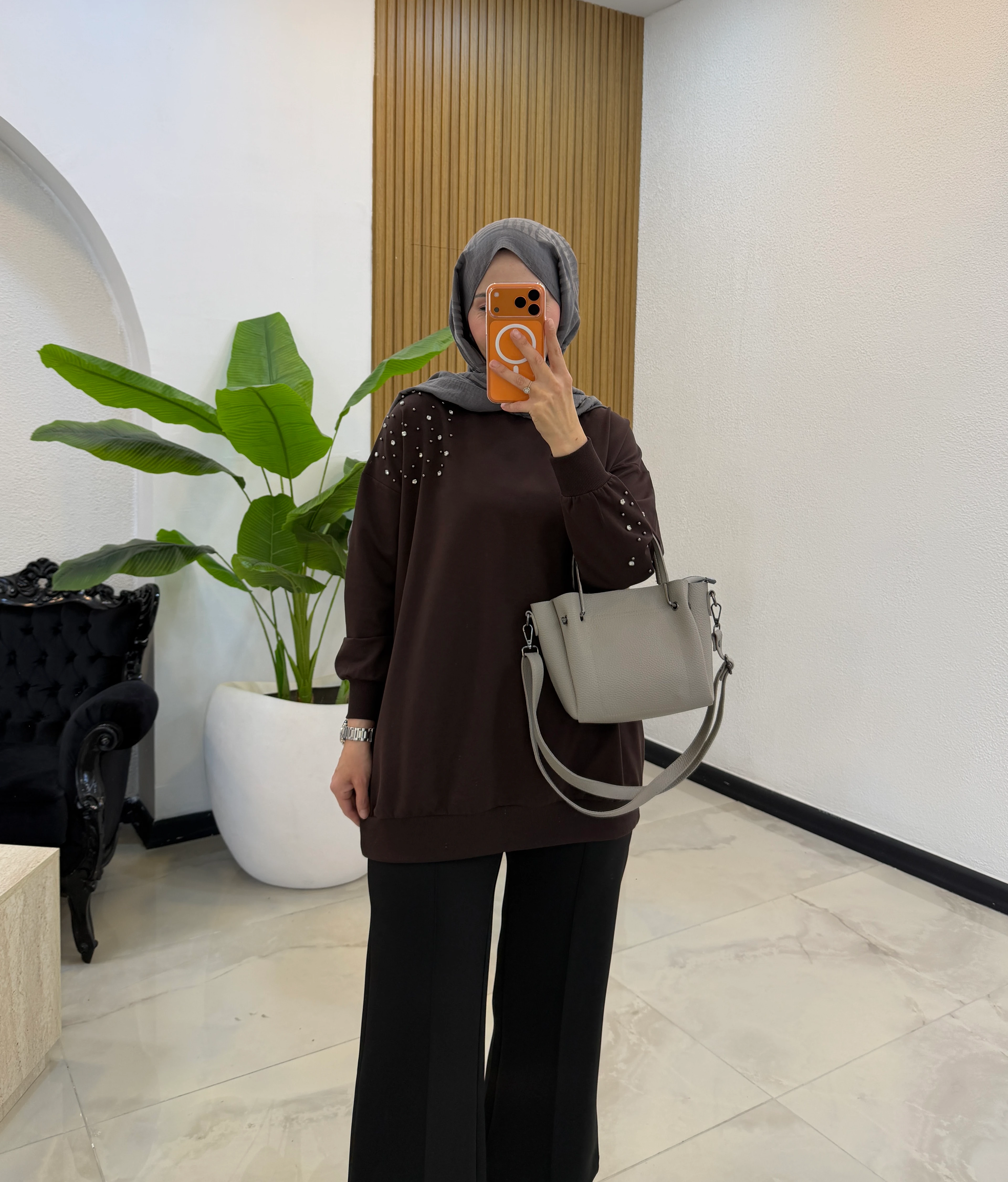 ALMİRA TAŞLI SWEAT KAHVE