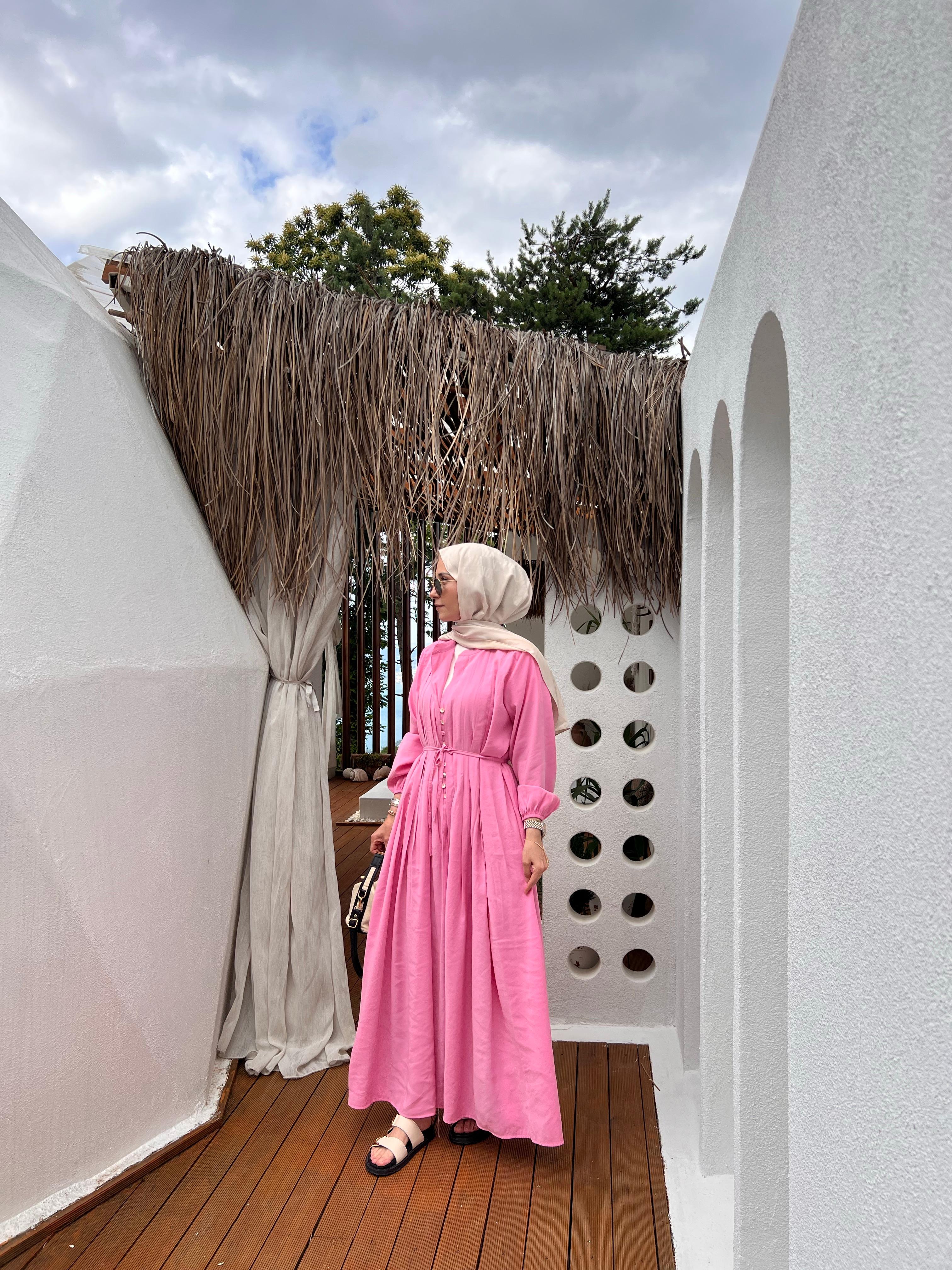 PARLA NERVÜRLÜ ELBİSE PEMBE