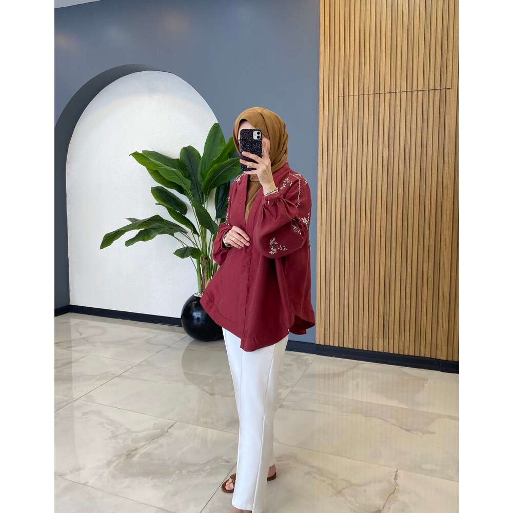 İŞLEMELİ KİMONO BORDO