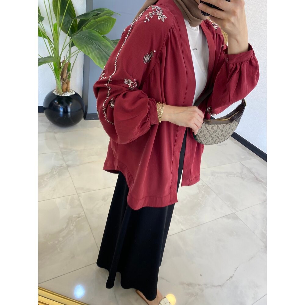 İŞLEMELİ KİMONO BORDO