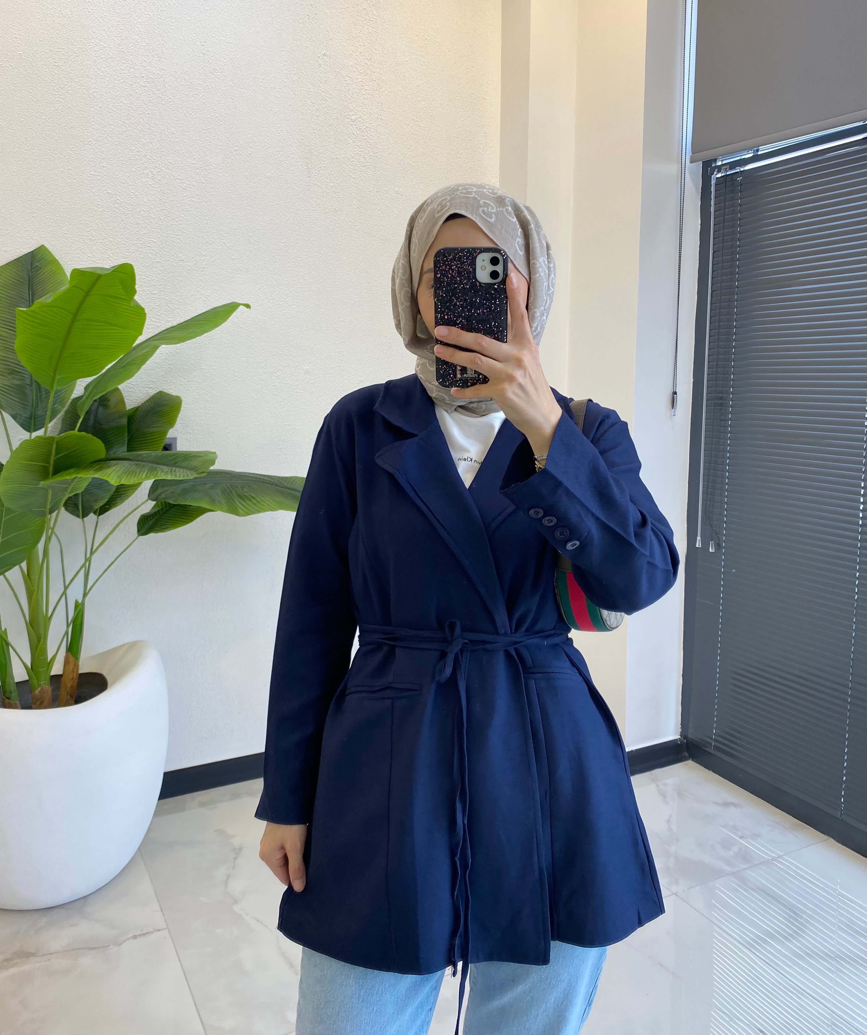 BAĞCIKLI KETEN BLAZER LACİVERT