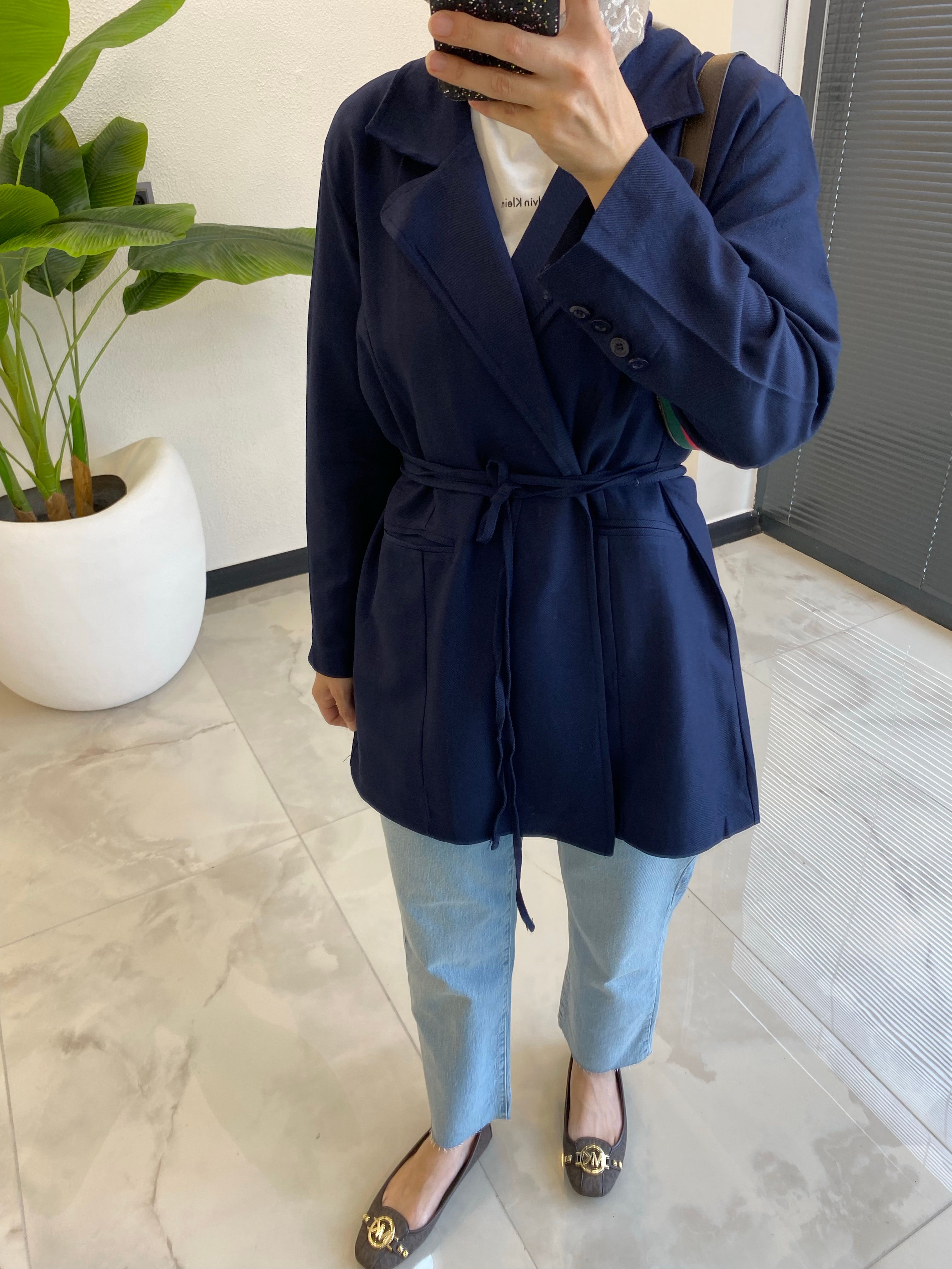 BAĞCIKLI KETEN BLAZER LACİVERT