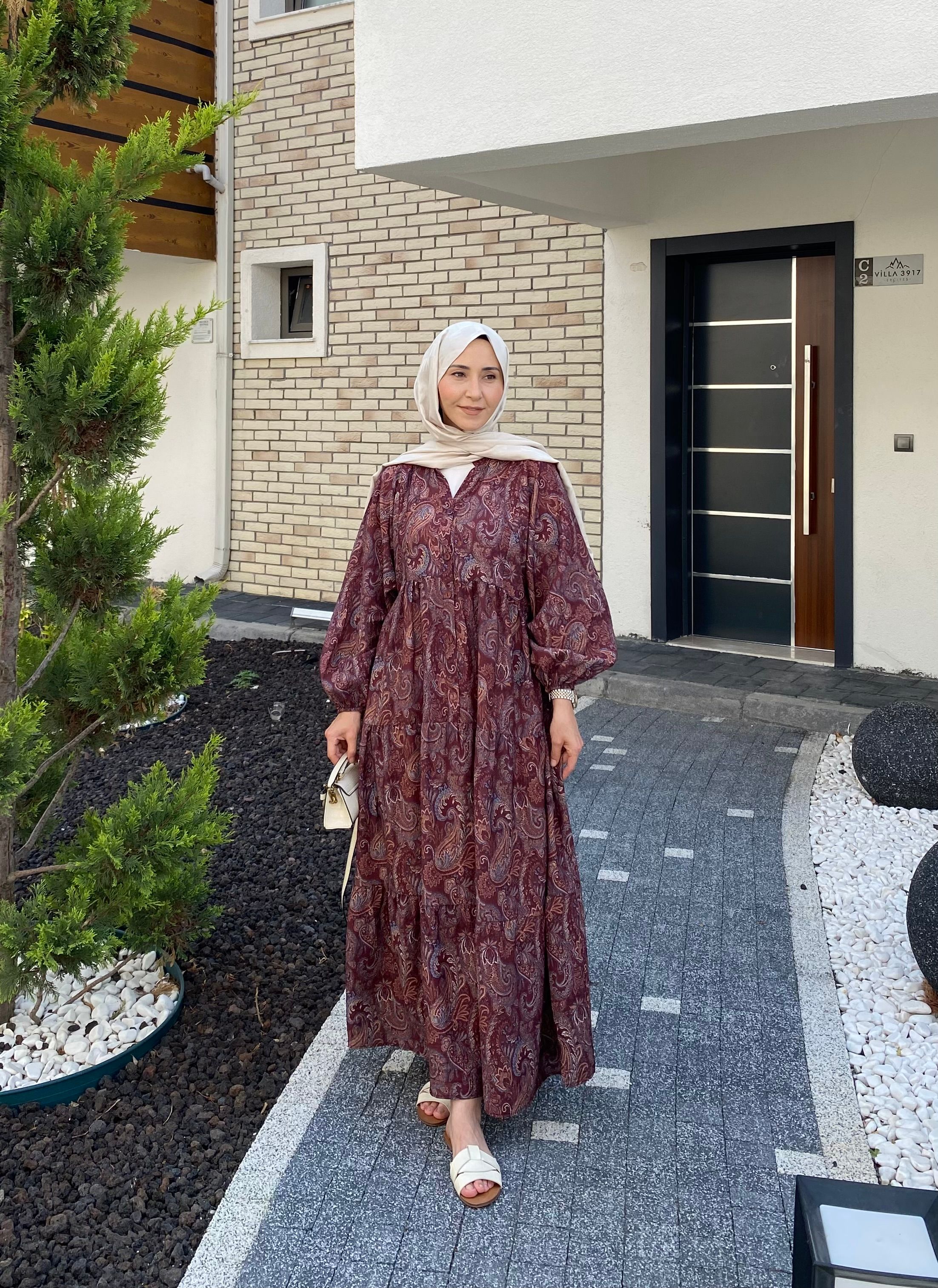 ŞAL DESEN TENSEL ELBİSE BORDO